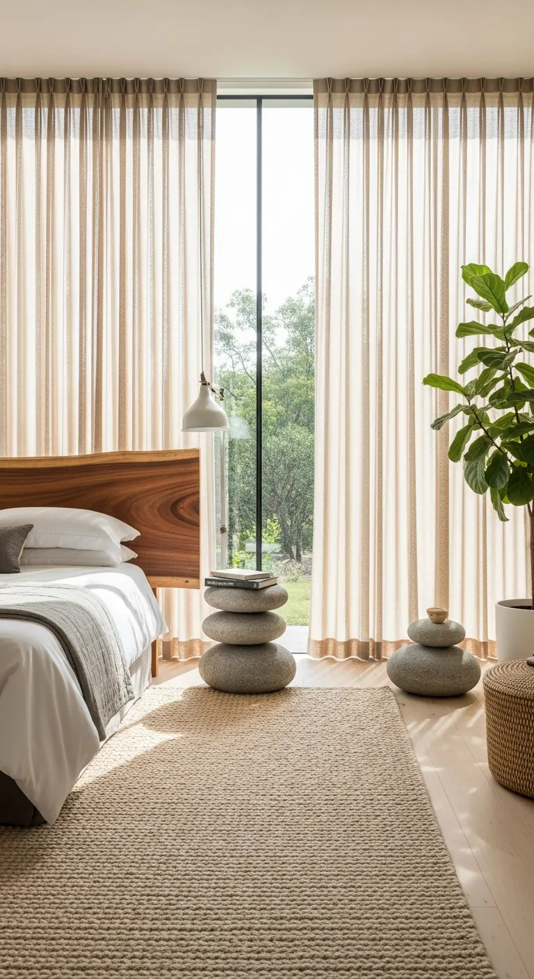 Letto in legno di fronte a una grande finestra con tende beige che incorniciano un giardino.