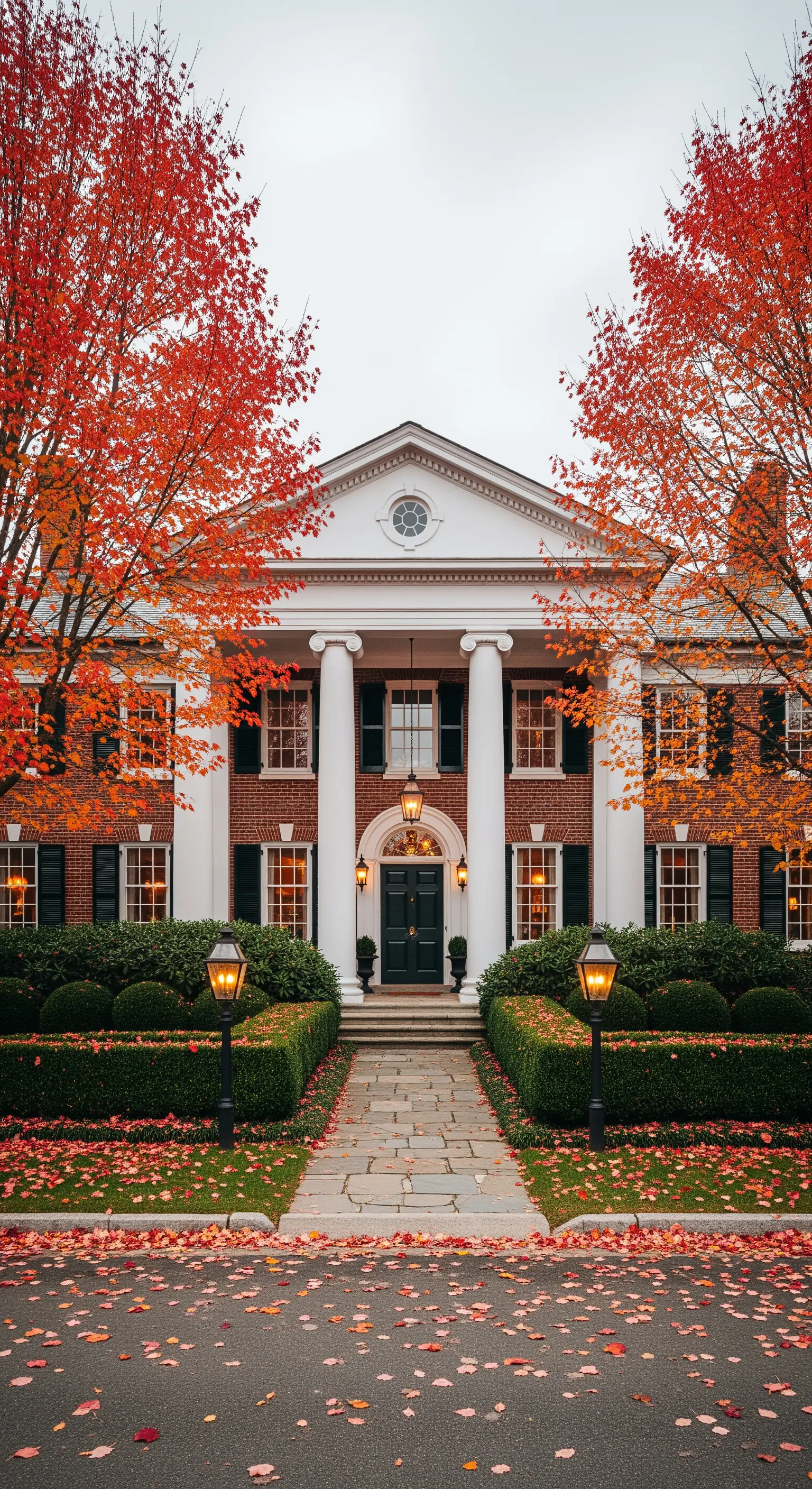 Villa classica con colonne bianche, incorniciata da due grandi alberi con fogliame rosso autunnale.