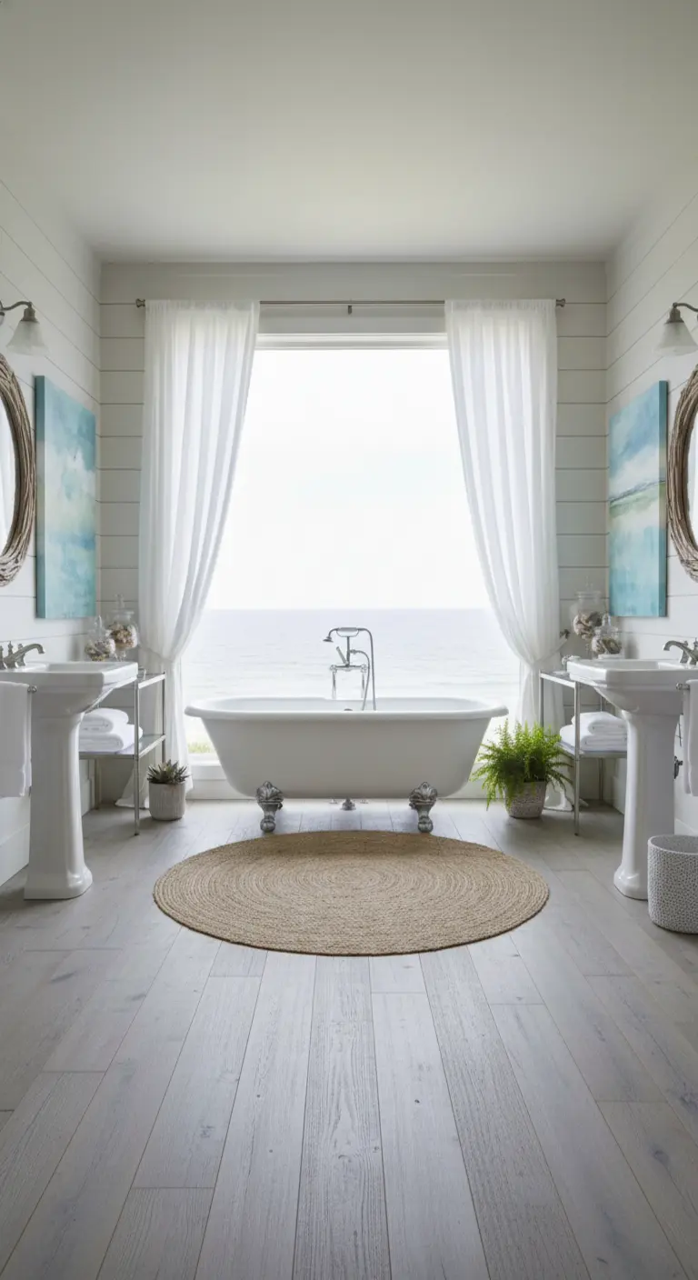 Vasca da bagno con piedini davanti a una grande finestra con vista mare, incorniciata da tende bianche.