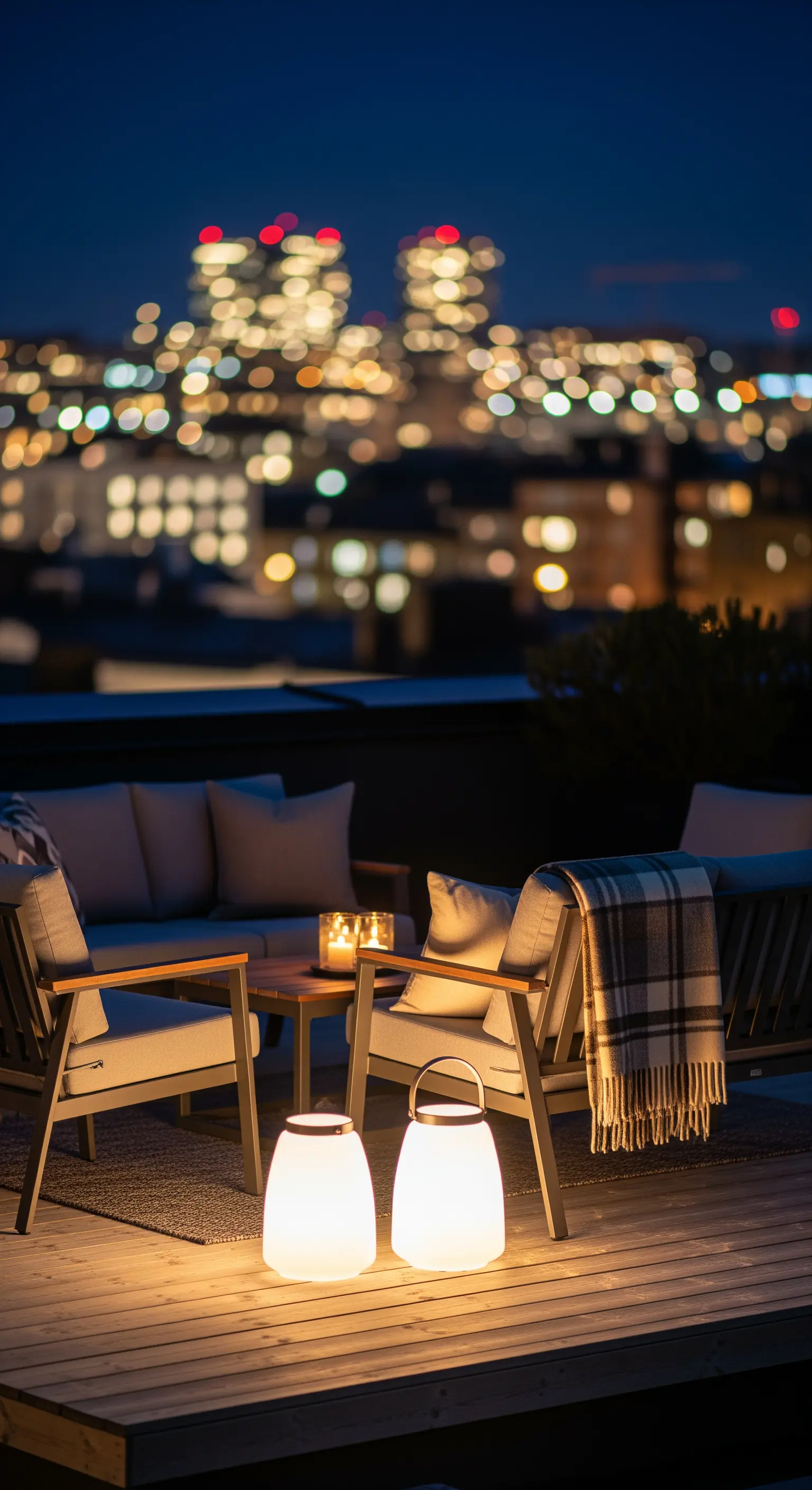 Salotto su una terrazza con lanterne a terra e vista sulle luci della città sullo sfondo.