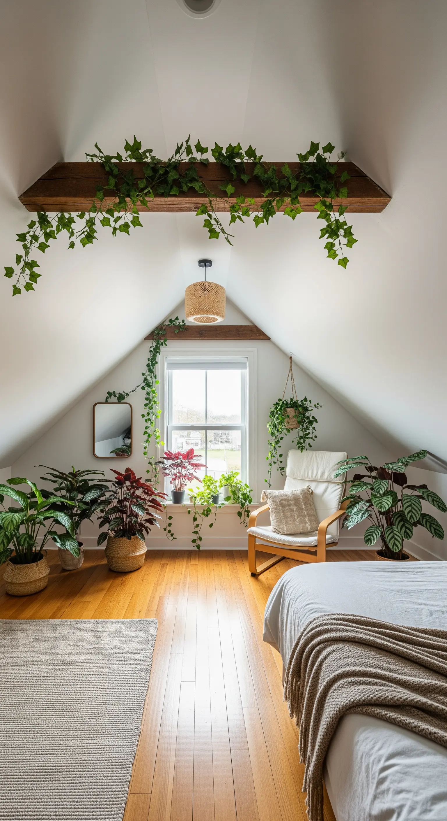 Mansarda accogliente con piante rampicanti che scendono da una trave in legno sopra la finestra.
