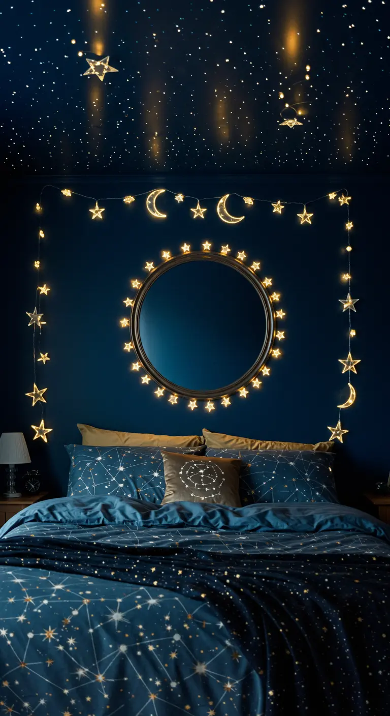 Specchio rotondo su parete blu notte, incorniciato da luci a forma di stelle e lune.