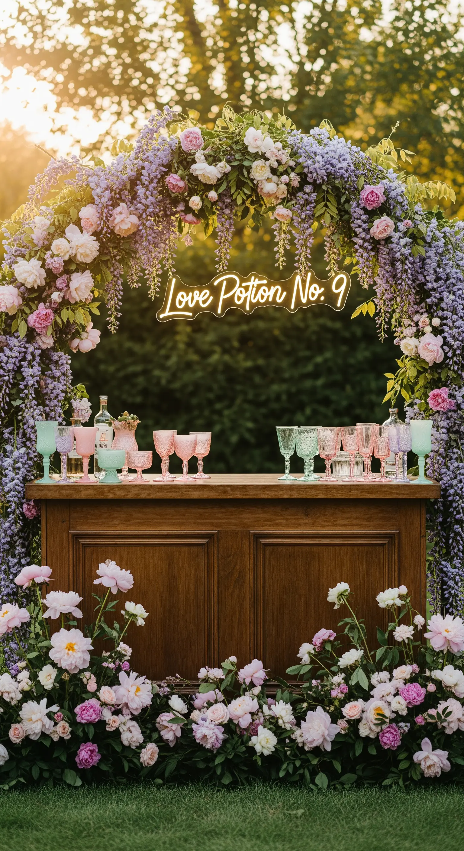 Cocktail bar in legno sotto un arco di glicine e rose con un neon “Love Potion No. 9”.