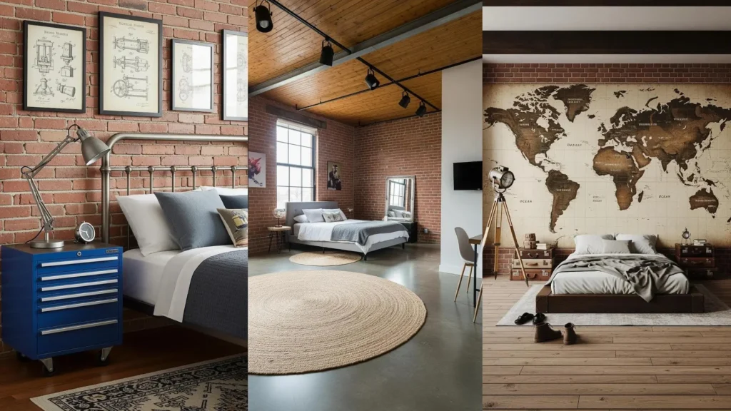 Collage di tre camere da letto industrial-chic con pareti di mattoni a vista, letti e lampade vintage di design.