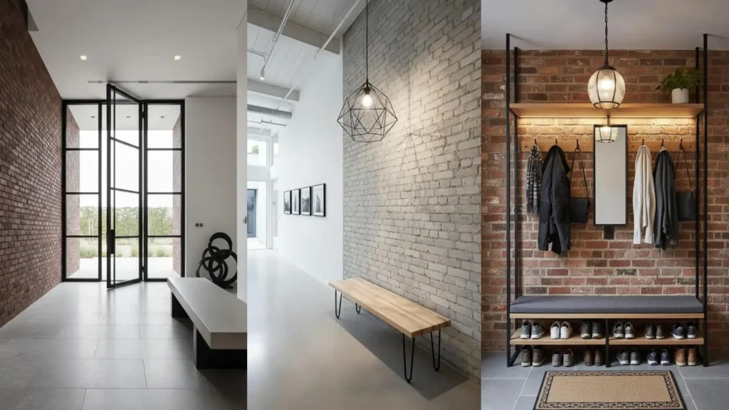 Ingressi in stile industriale con mattoni a vista, panche in metallo e lampade vintage che creano un ambiente accogliente.