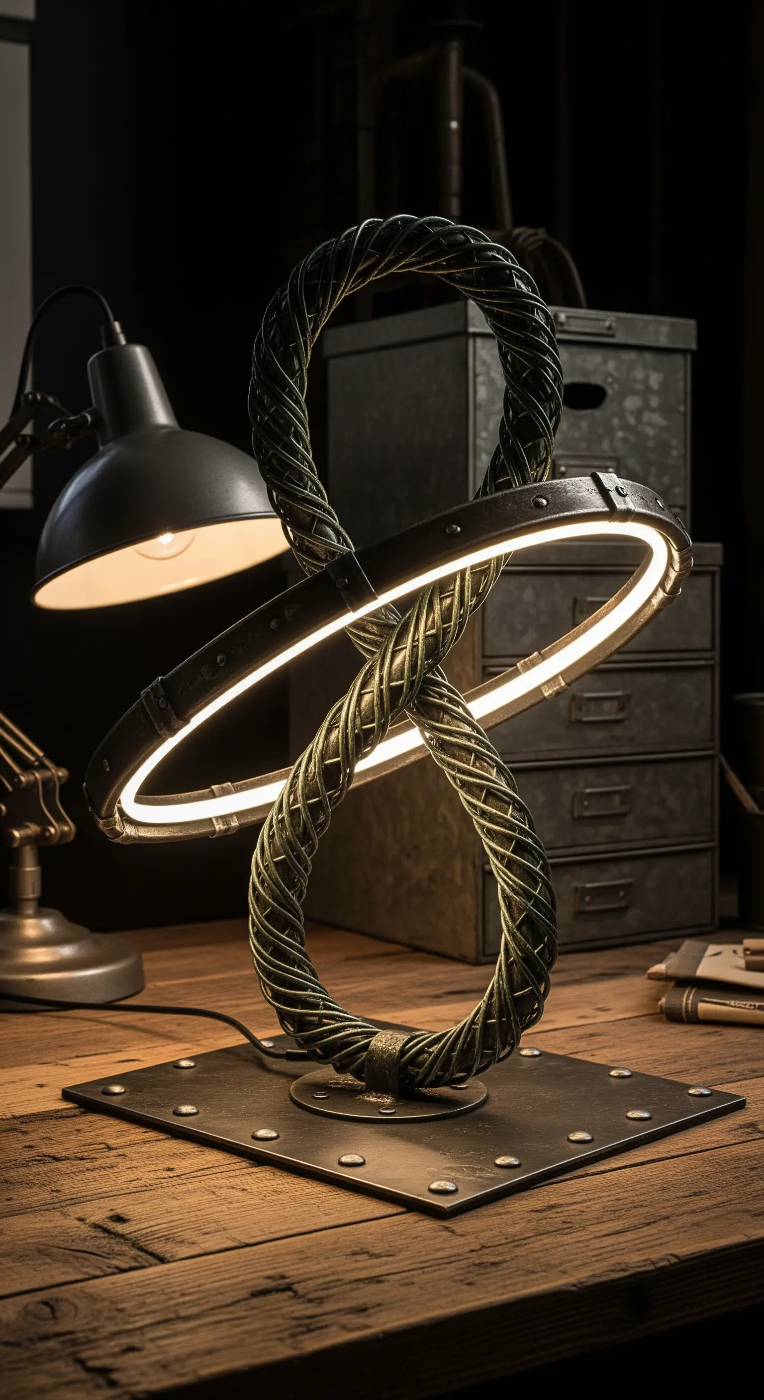 Lampada industrial chic a forma di simbolo dell'infinito con base in metallo rivettato.