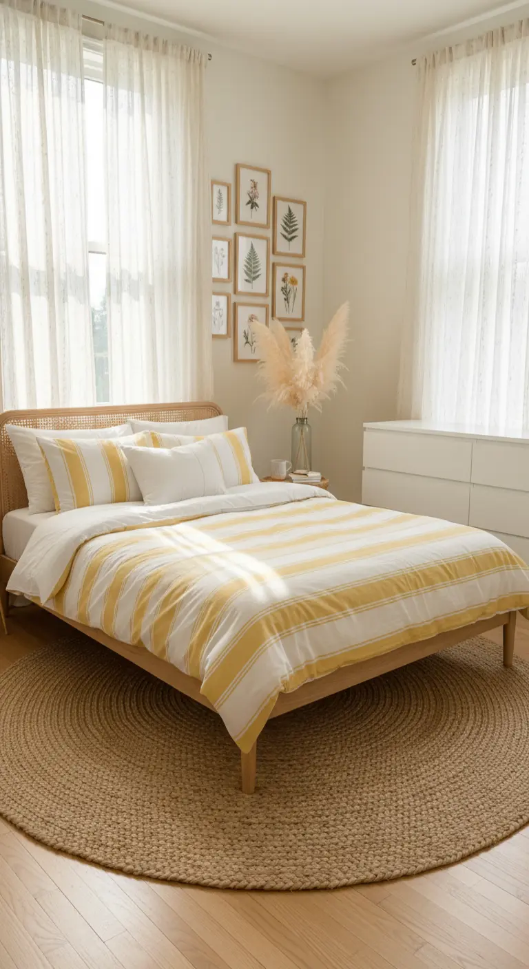 Camera da letto luminosa con biancheria a righe gialle e testiera in rattan.