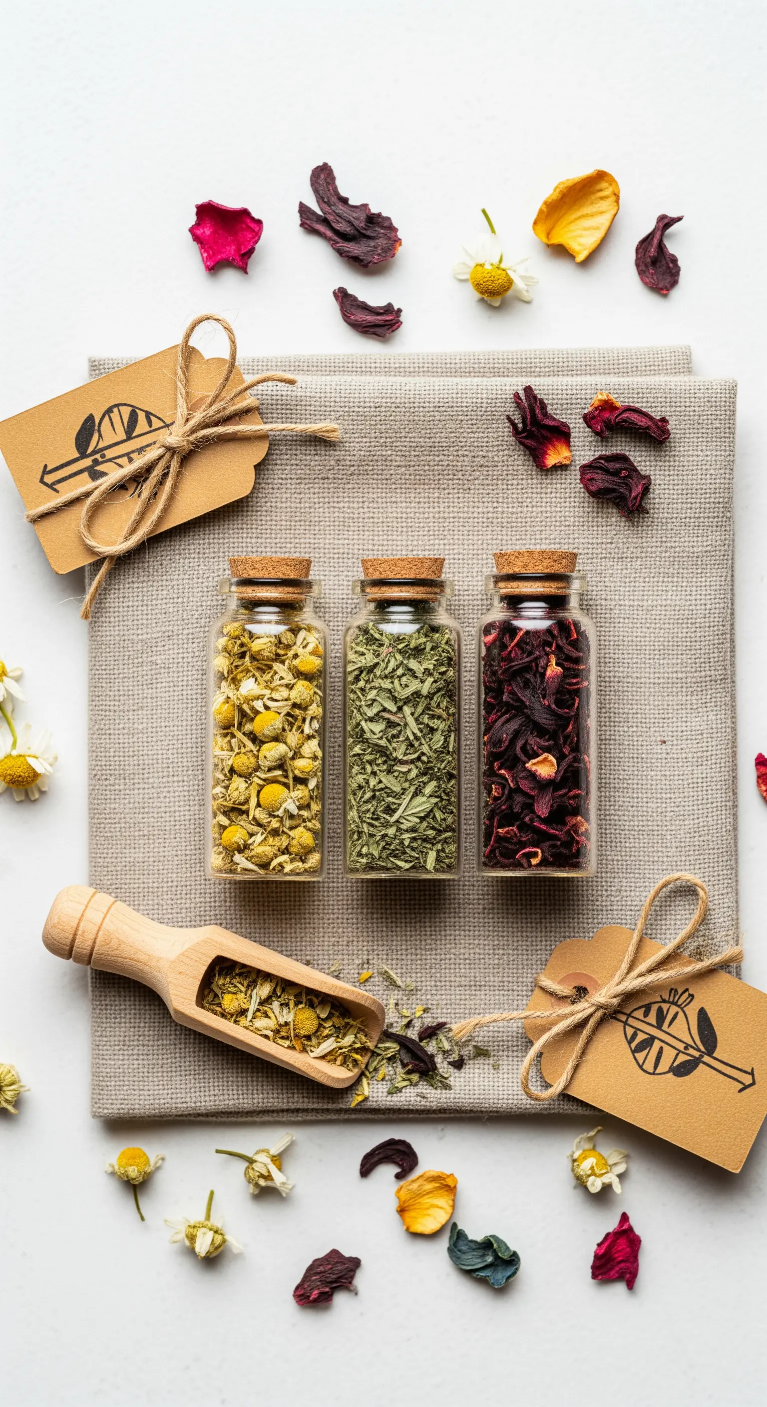 Tre boccette di vetro con tisane a base di camomilla, menta e ibisco su un panno di lino.