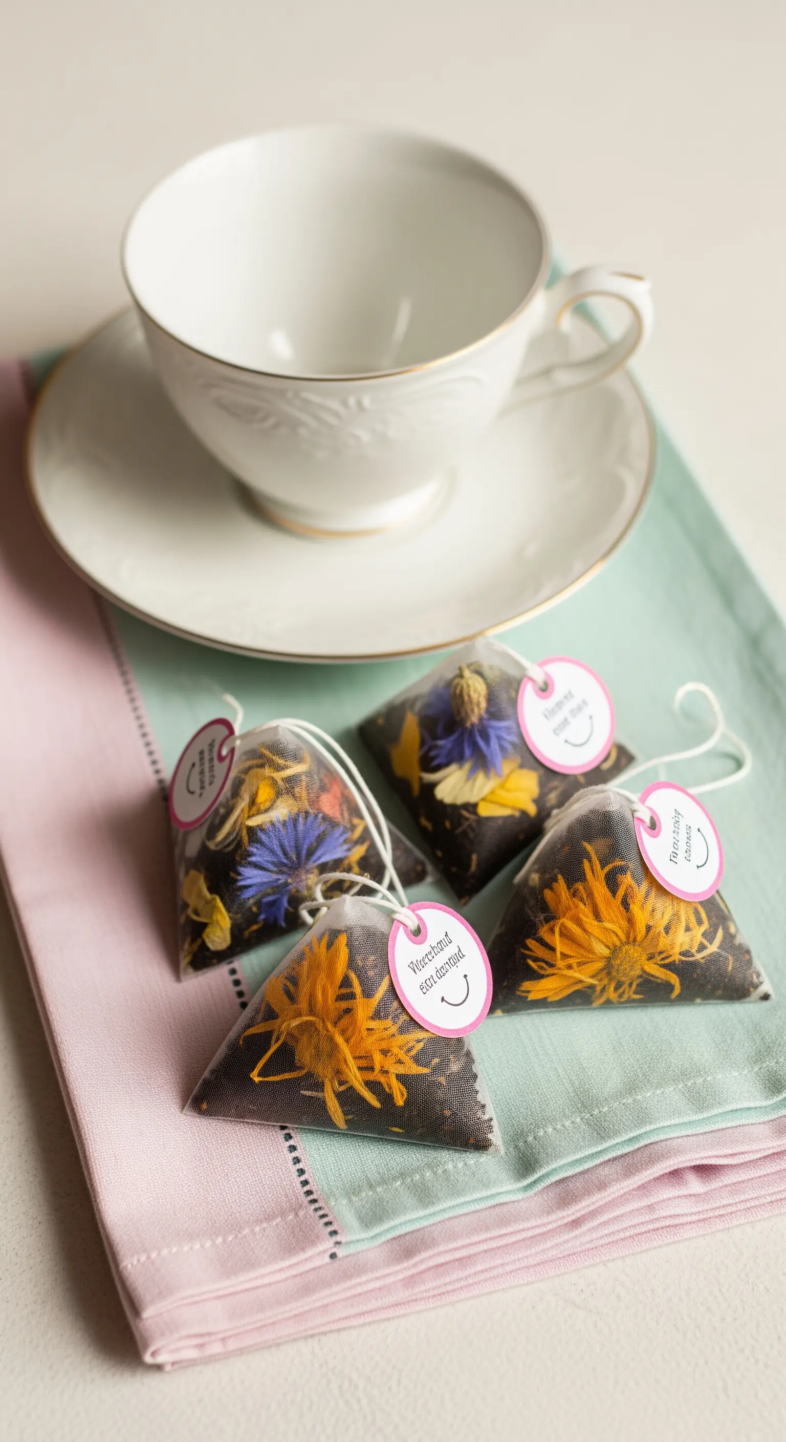 Bustine da tè a piramide riempite con fiori di calendula e fiordaliso essiccati.