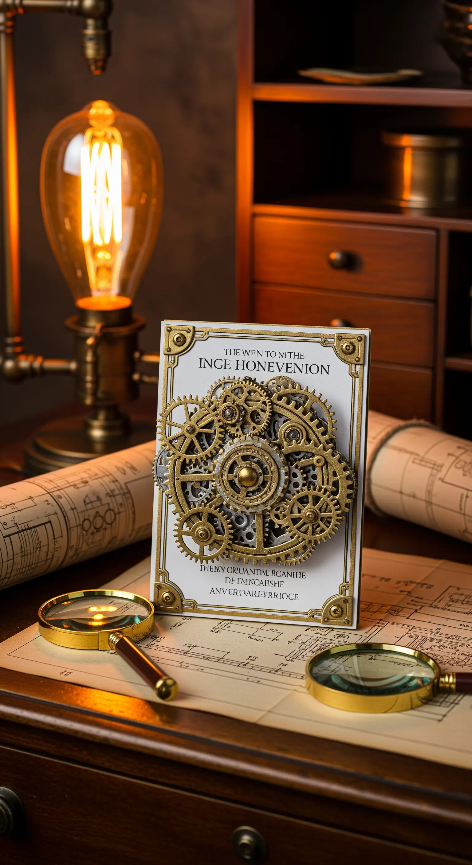Invito a tema steampunk con ingranaggi metallici complessi su una scrivania con lampada Edison.