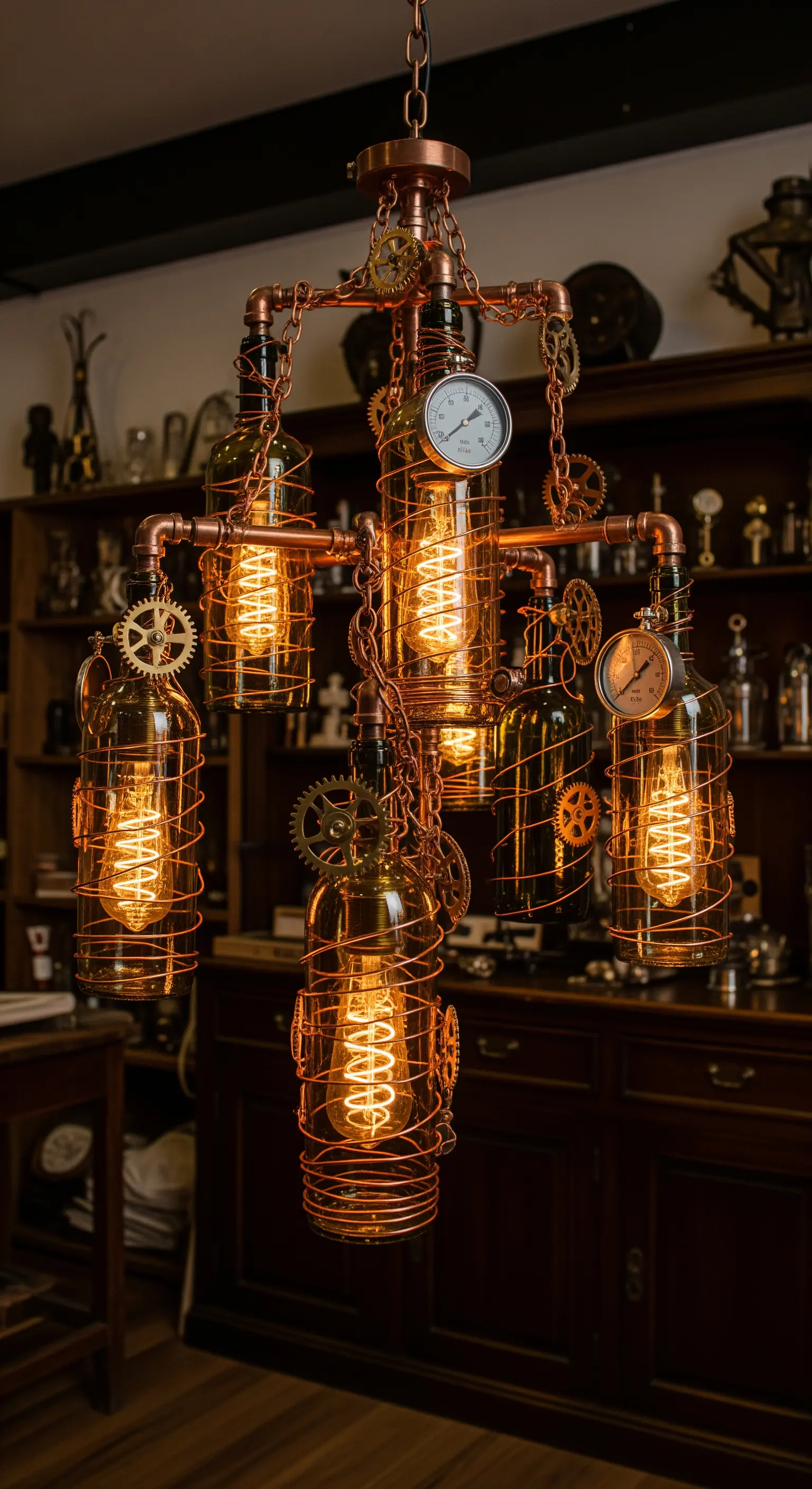 Lampadario in stile steampunk con bottiglie, tubi di rame, manometri e ingranaggi.