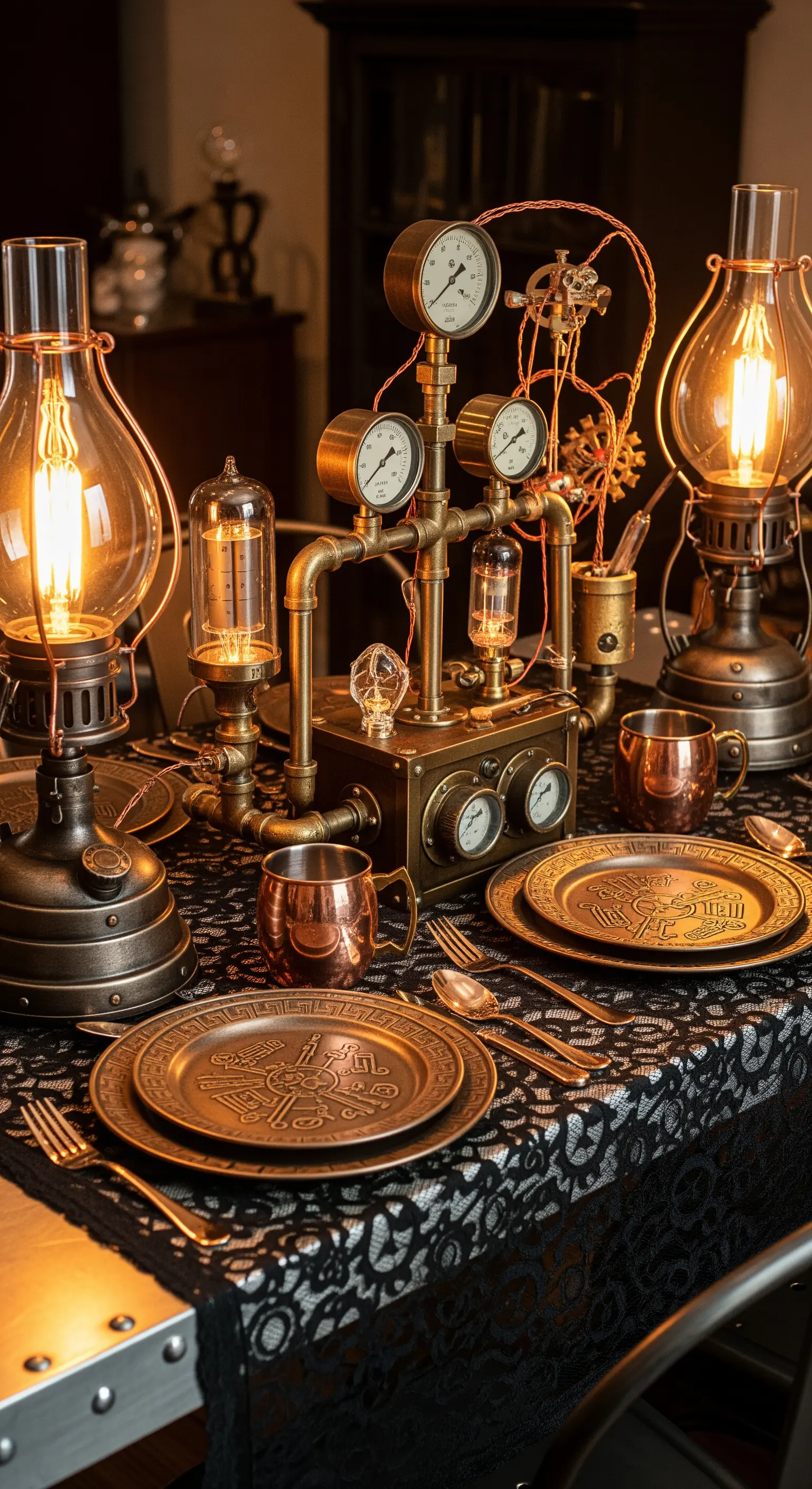 Allestimento di Halloween in stile steampunk con dettagli in rame e pizzo nero.