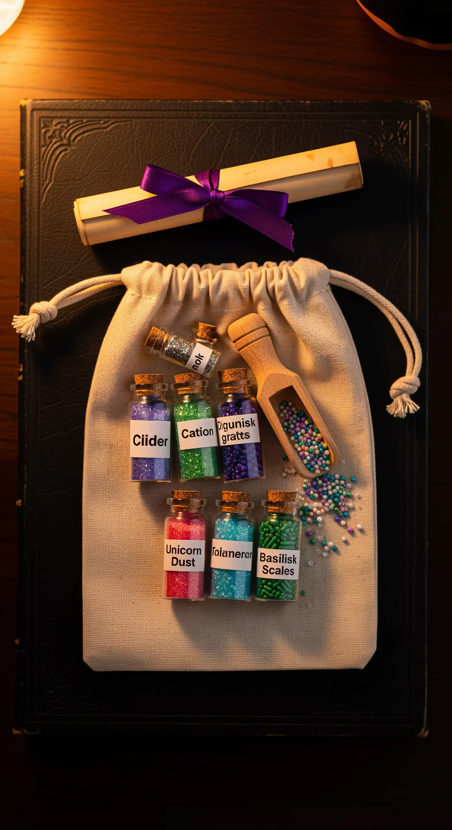 Kit di ingredienti per pozioni con boccette di zuccherini colorati e etichette magiche.