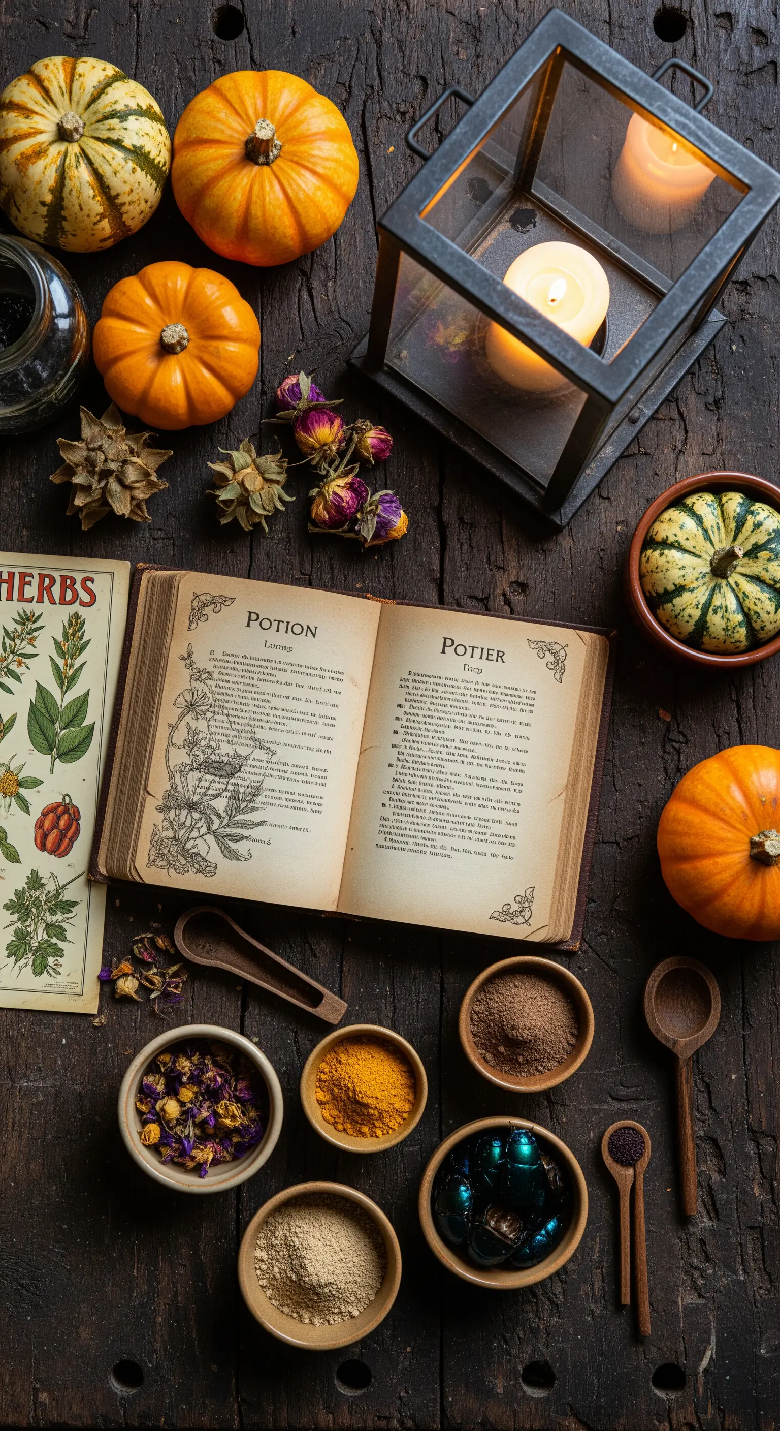 Flat lay su tavolo di legno con libro di pozioni, erbe, spezie, zucche e una lanterna accesa.