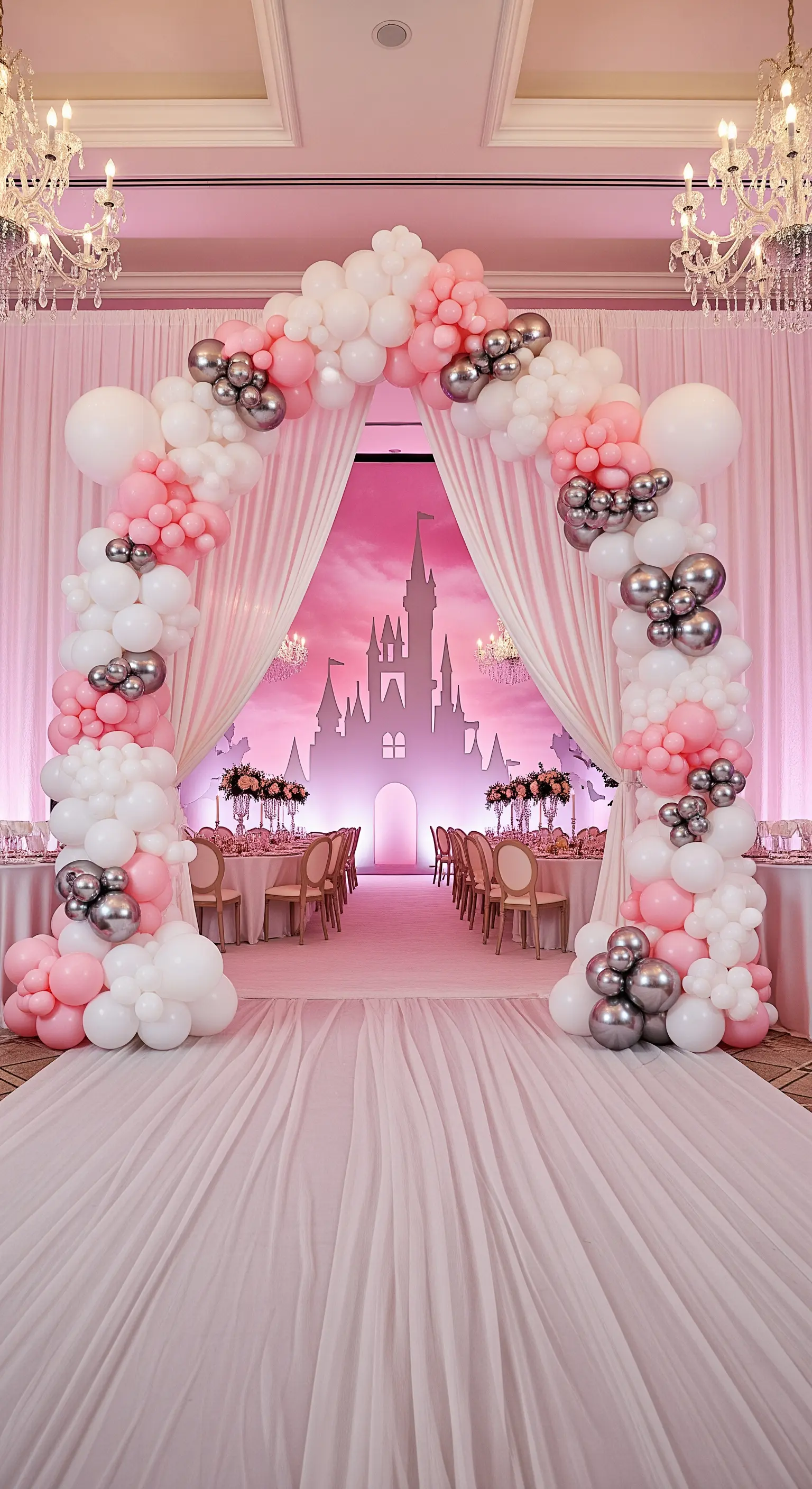 Ingresso da favola con arco di palloncini rosa e silhouette di castello illuminata.
