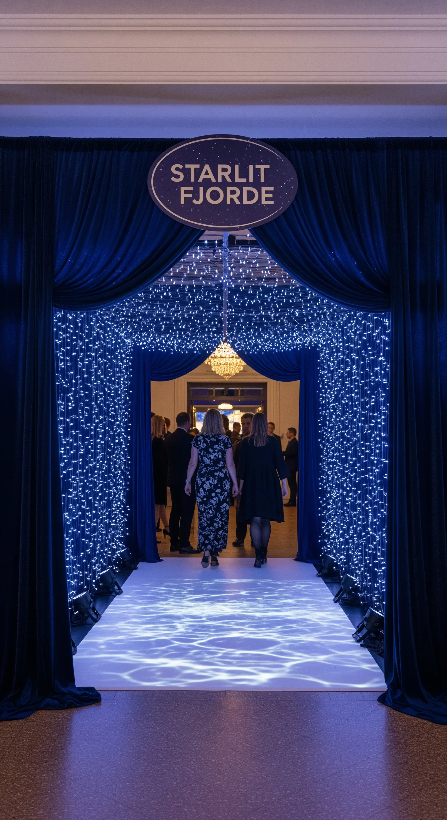 Tunnel d'ingresso per una festa, creato con tende in velluto blu e cascate di luci.