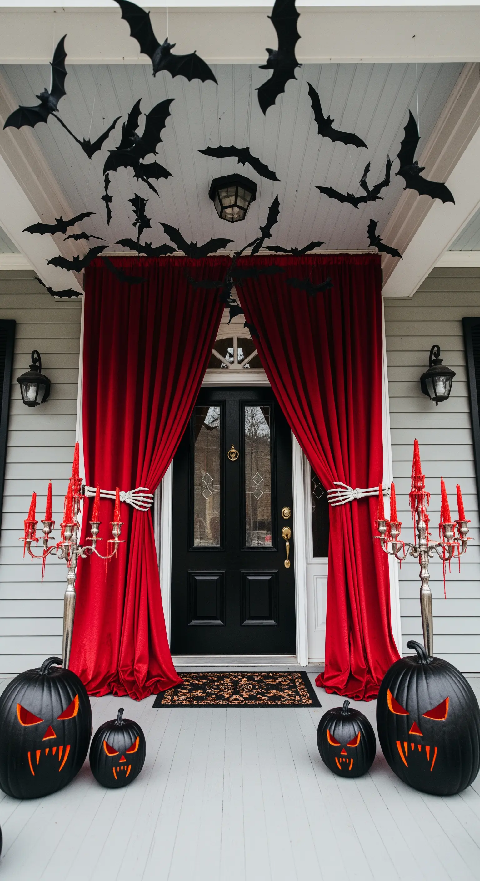 Porta d'ingresso incorniciata da tende di velluto rosso e uno stormo di pipistrelli decorativi.