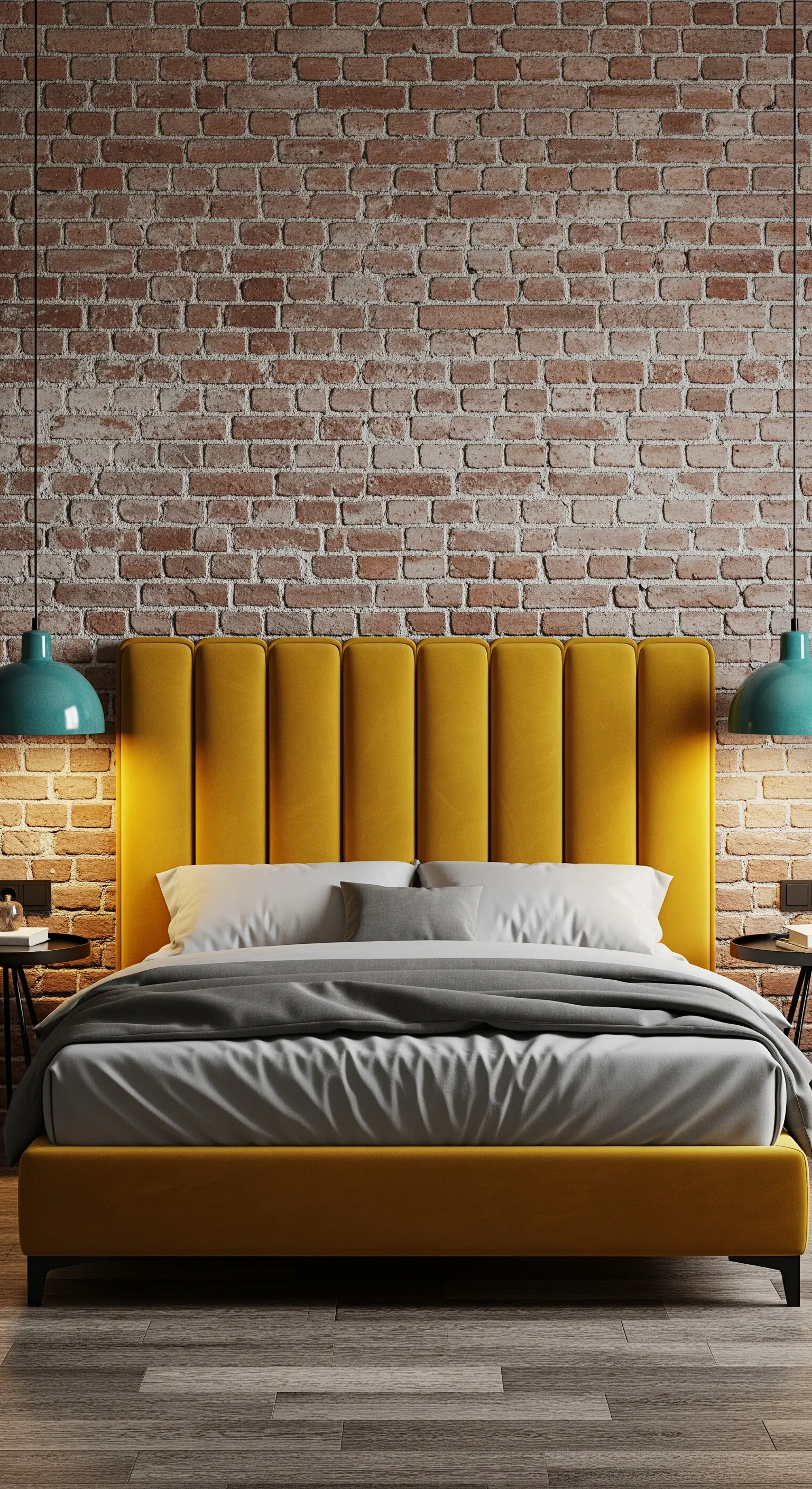 Letto con alta testiera imbottita gialla contro una parete di mattoni, con lampade turchesi ai lati.