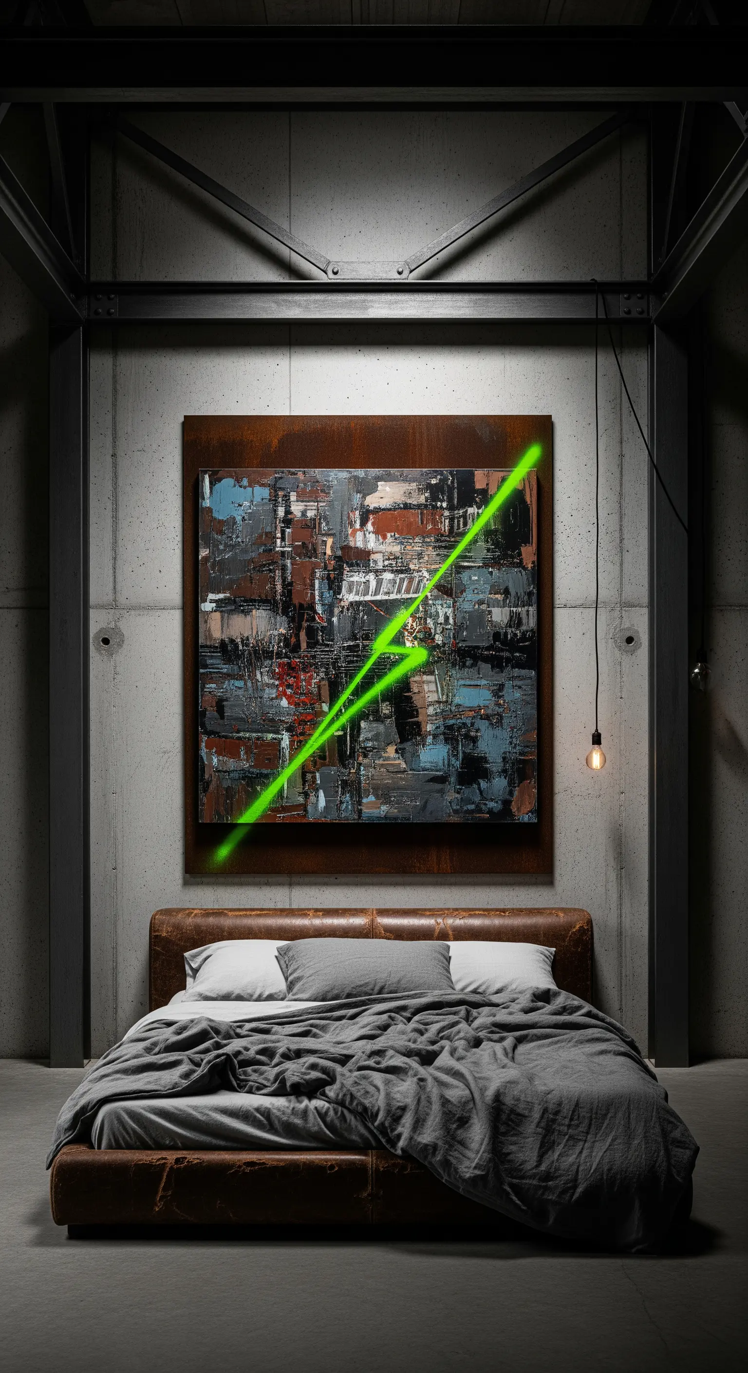Quadro astratto scuro con un graffito verde neon, appeso su una parete di cemento in un loft.