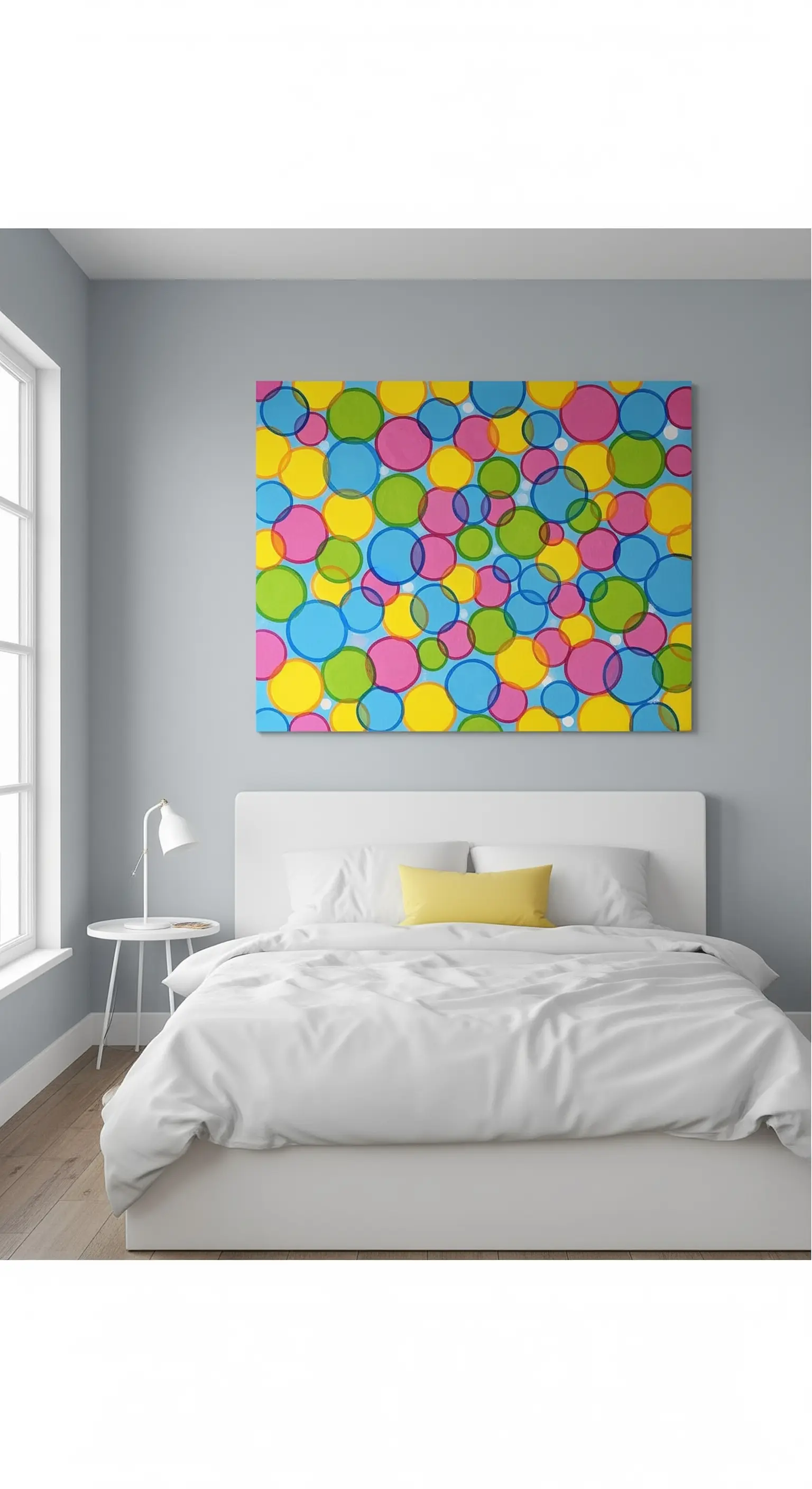 Quadro astratto pop con cerchi colorati su una parete grigia in una camera da letto bianca e minimale.