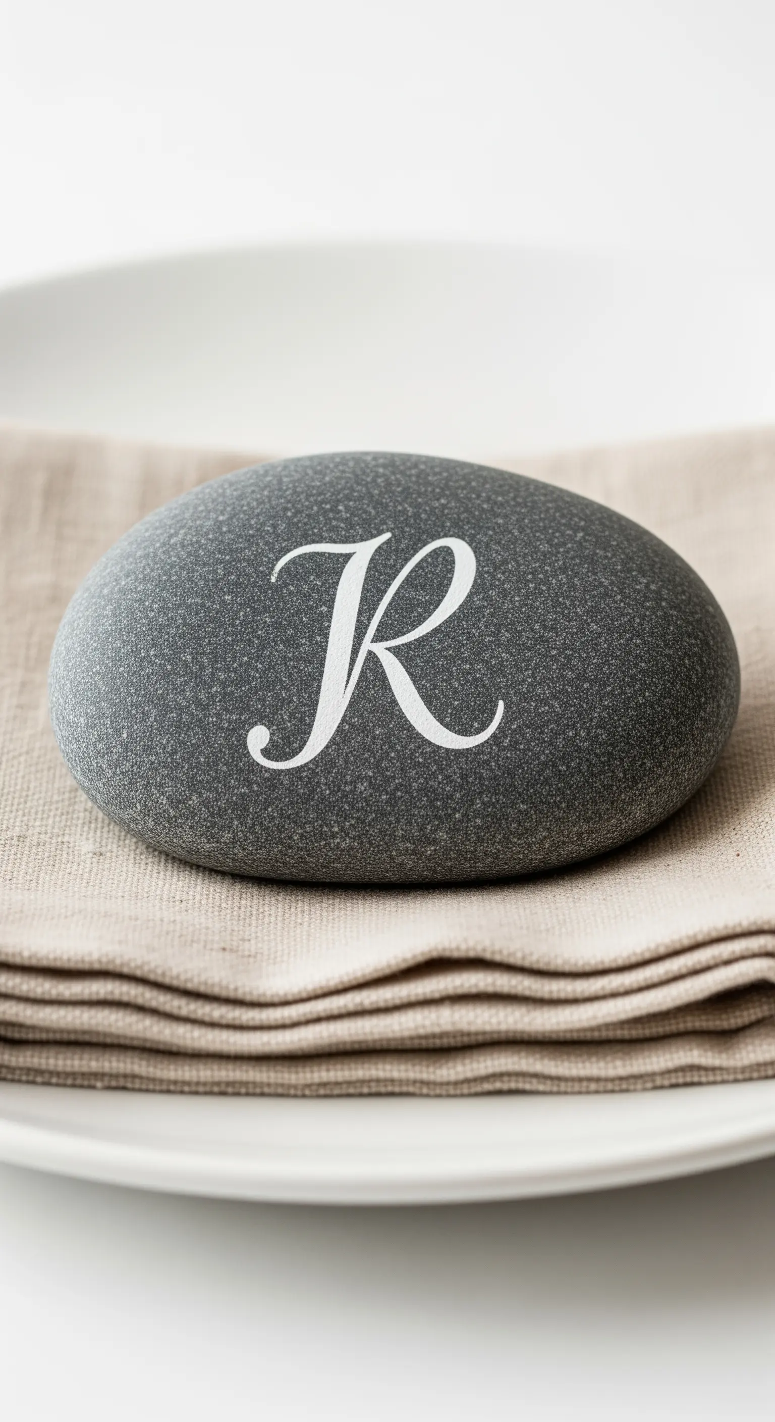 Sasso di fiume scuro e levigato con una singola iniziale calligrafica in bianco.