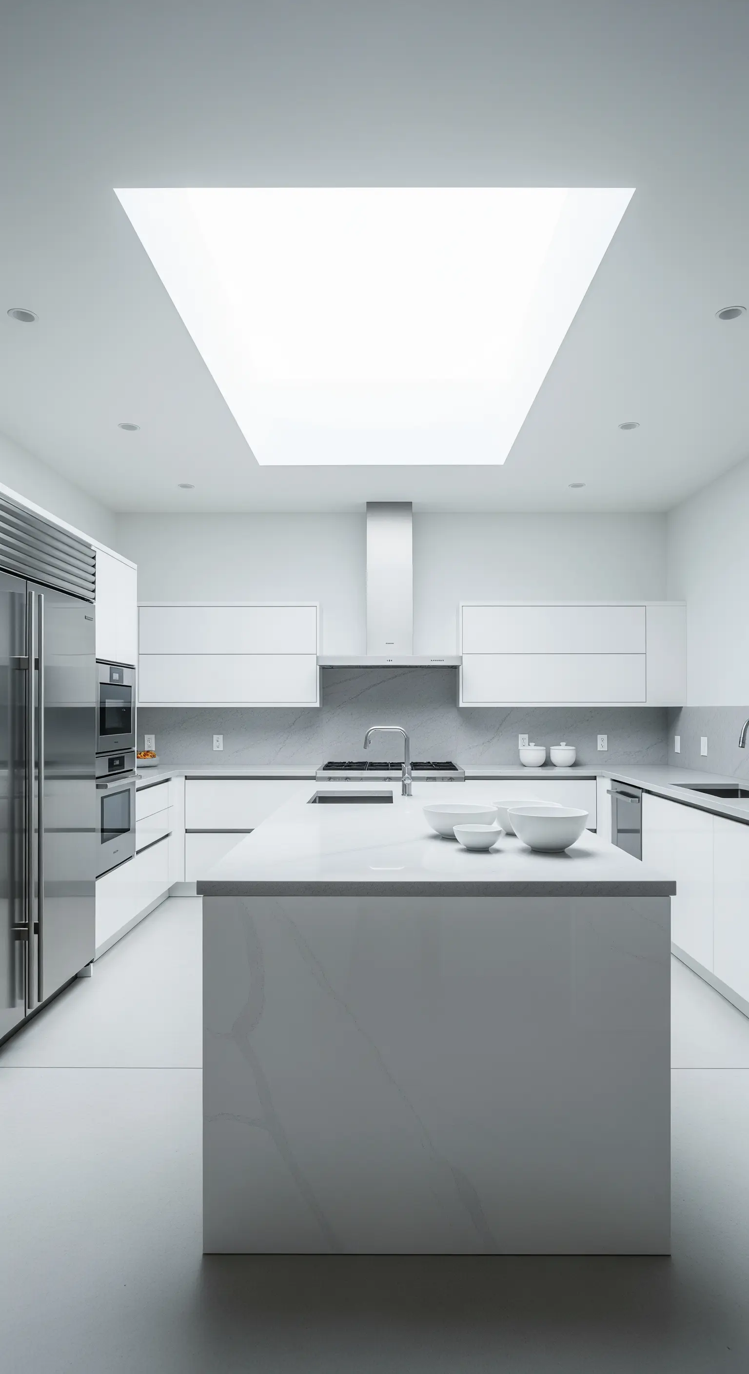 Cucina total white con isola centrale, illuminata da un ampio lucernario rettangolare.