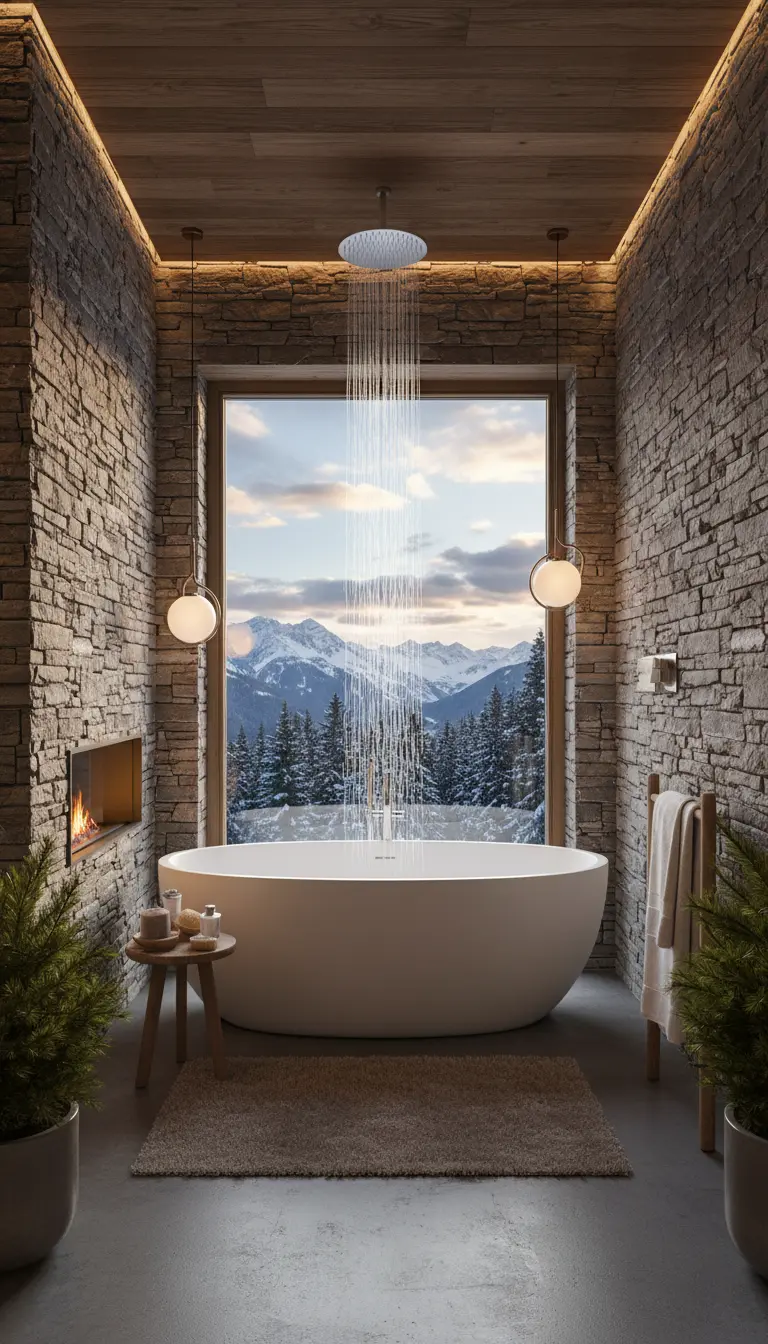 Bagno con pareti in pietra e una grande finestra dietro la vasca che affaccia su montagne innevate.