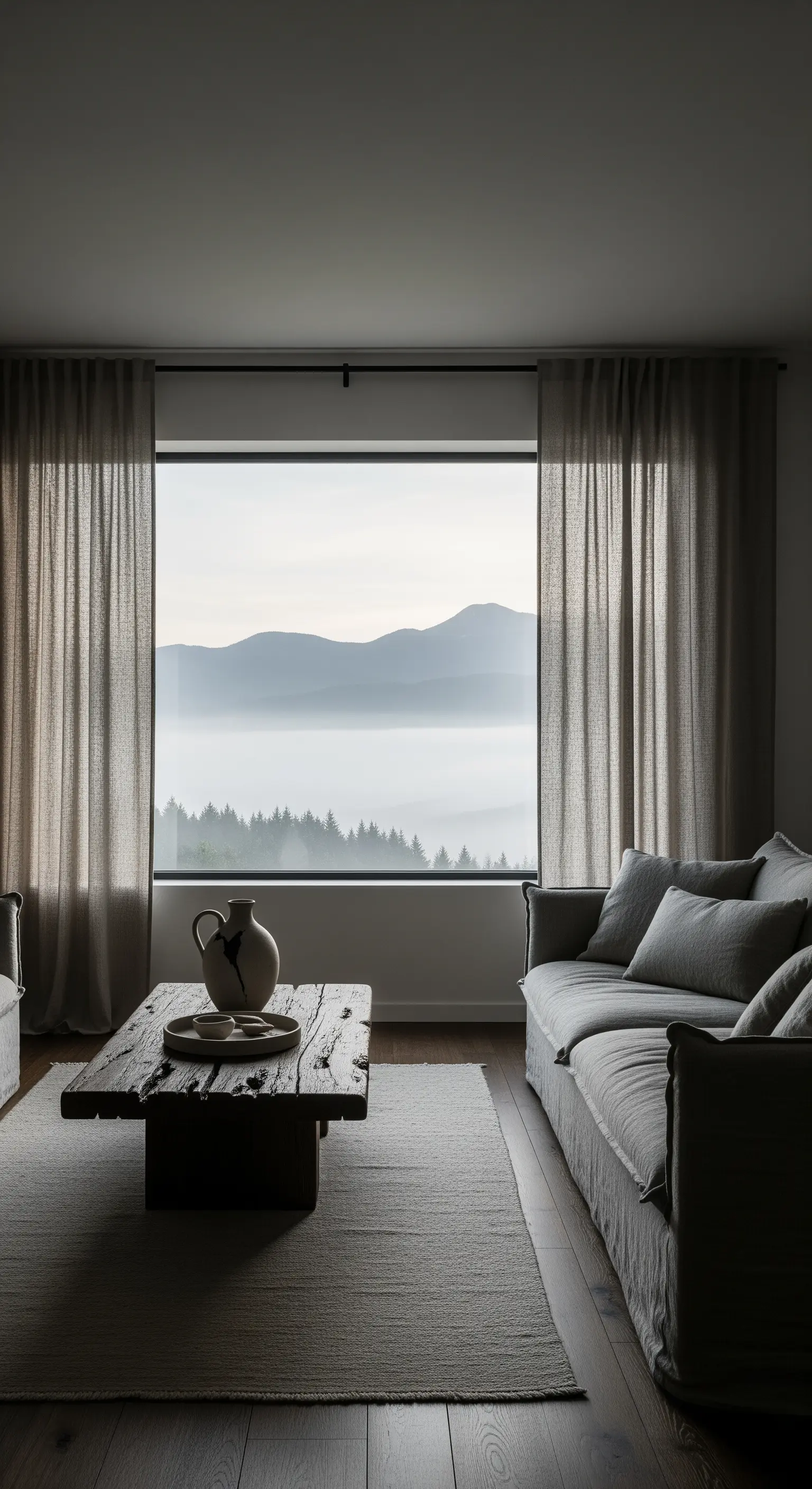 Salotto minimalista con vista sulle montagne nebbiose e tende in lino grigio scuro.