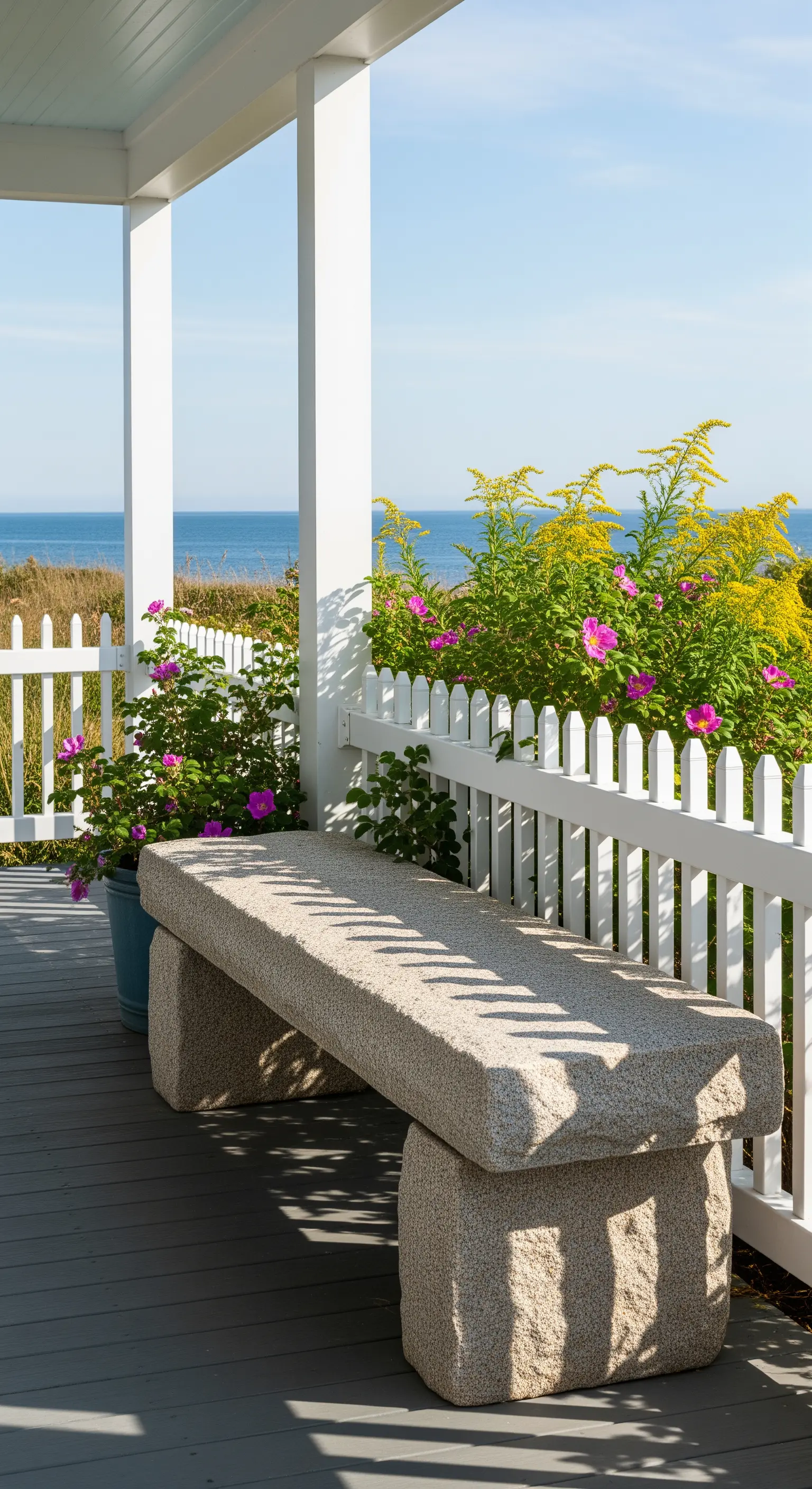 Portico bianco con vista mare, panca in granito e staccionata bianca con rose selvatiche.