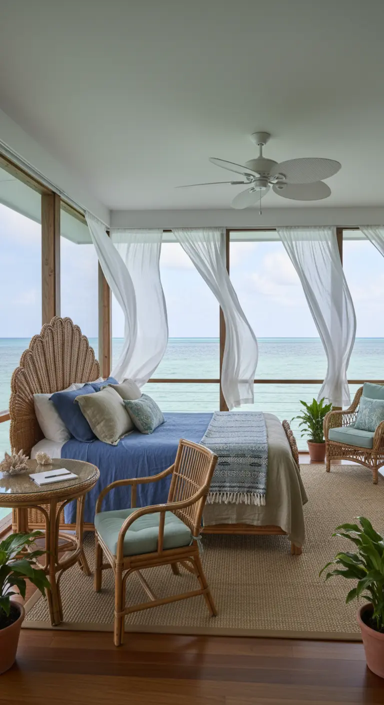 Camera da letto affacciata sul mare con mobili in rattan e tende bianche mosse dal vento.