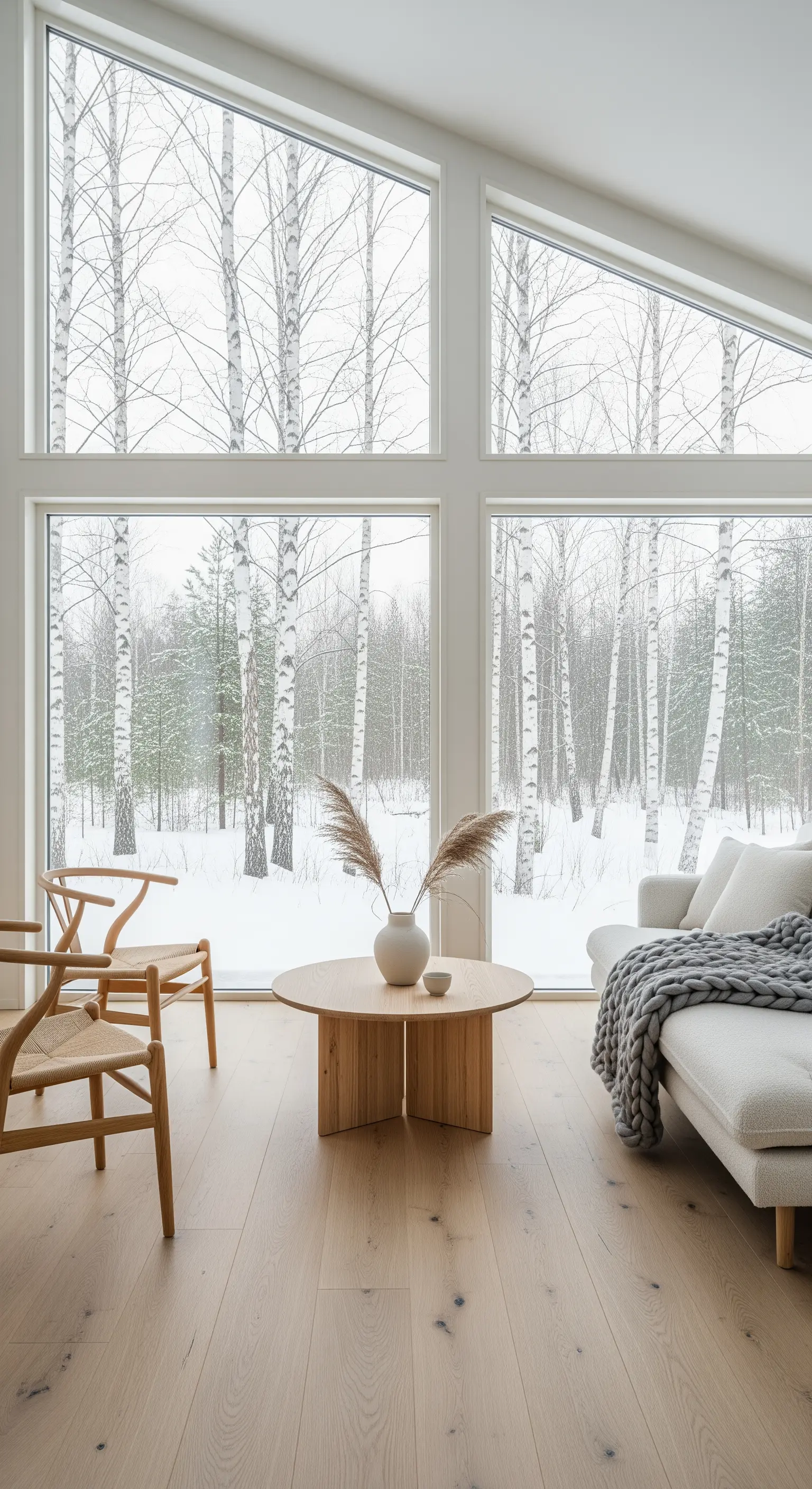 Soggiorno minimalista con parquet in rovere e grandi finestre affacciate su una foresta innevata.
