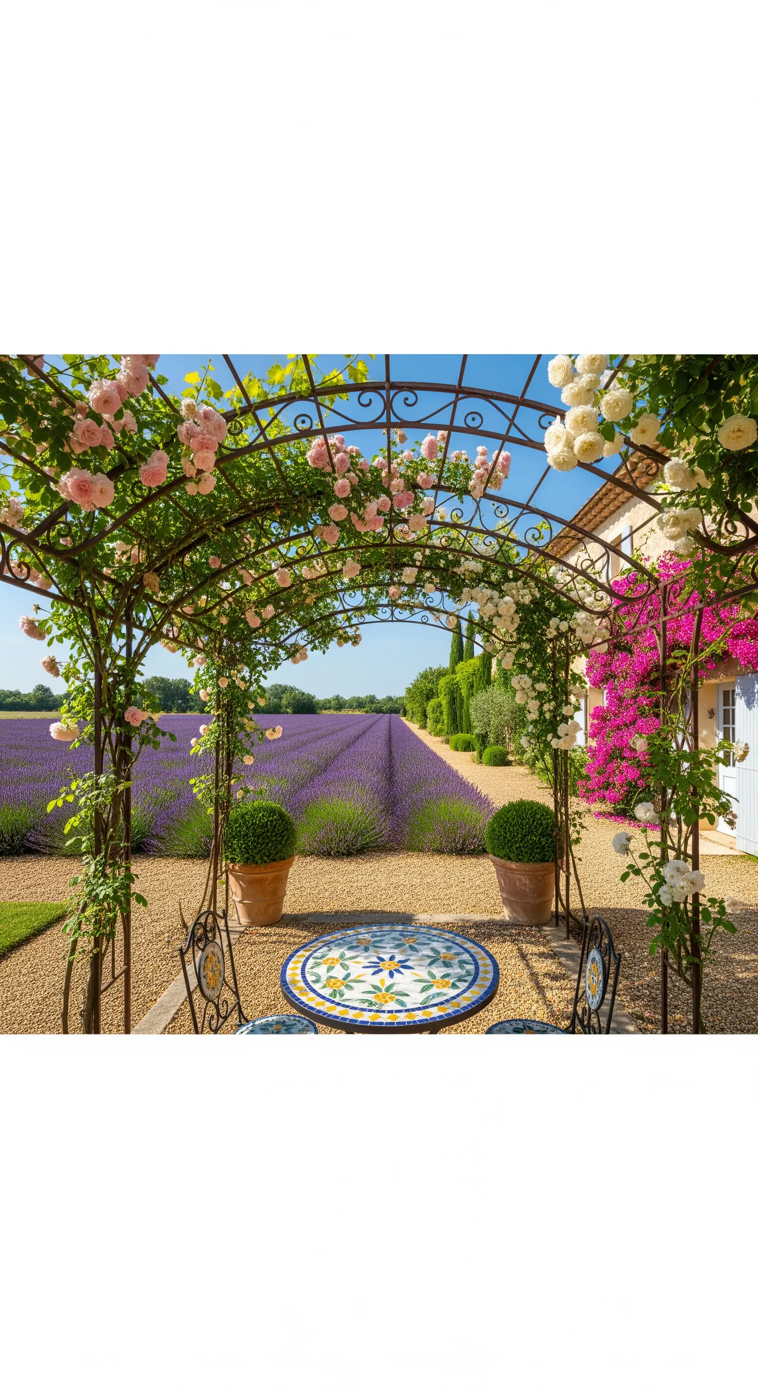 Arco fiorito in ferro battuto che incornicia un campo di lavanda, con tavolo bistrot.