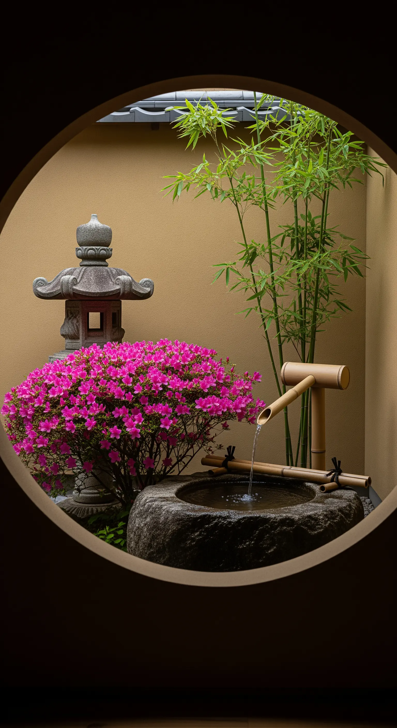 Vista di un giardino giapponese attraverso una finestra circolare, con azalee e una lanterna.