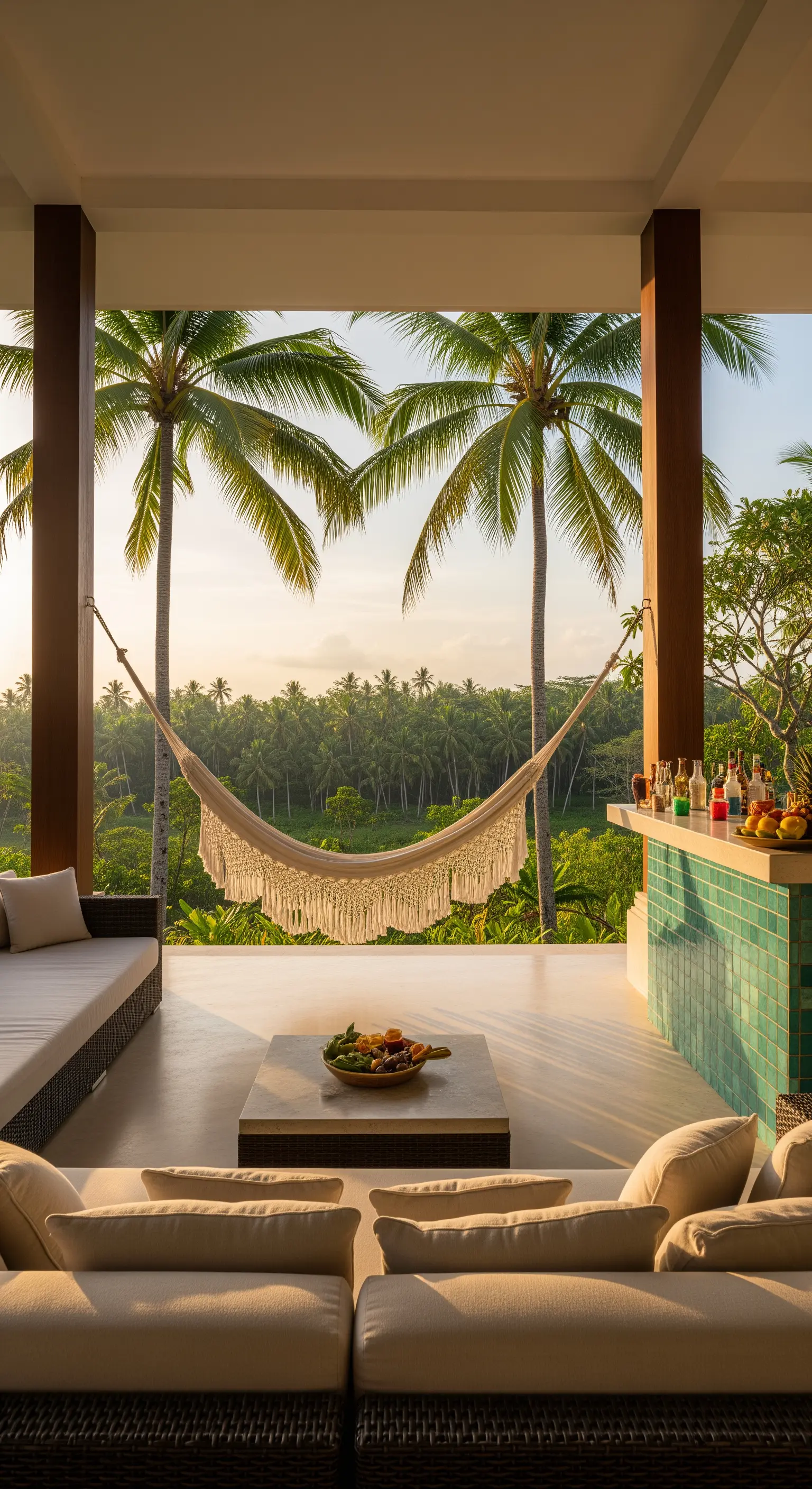 Portico minimalista con amaca in cotone e divani neutri affacciato su una foresta di palme
