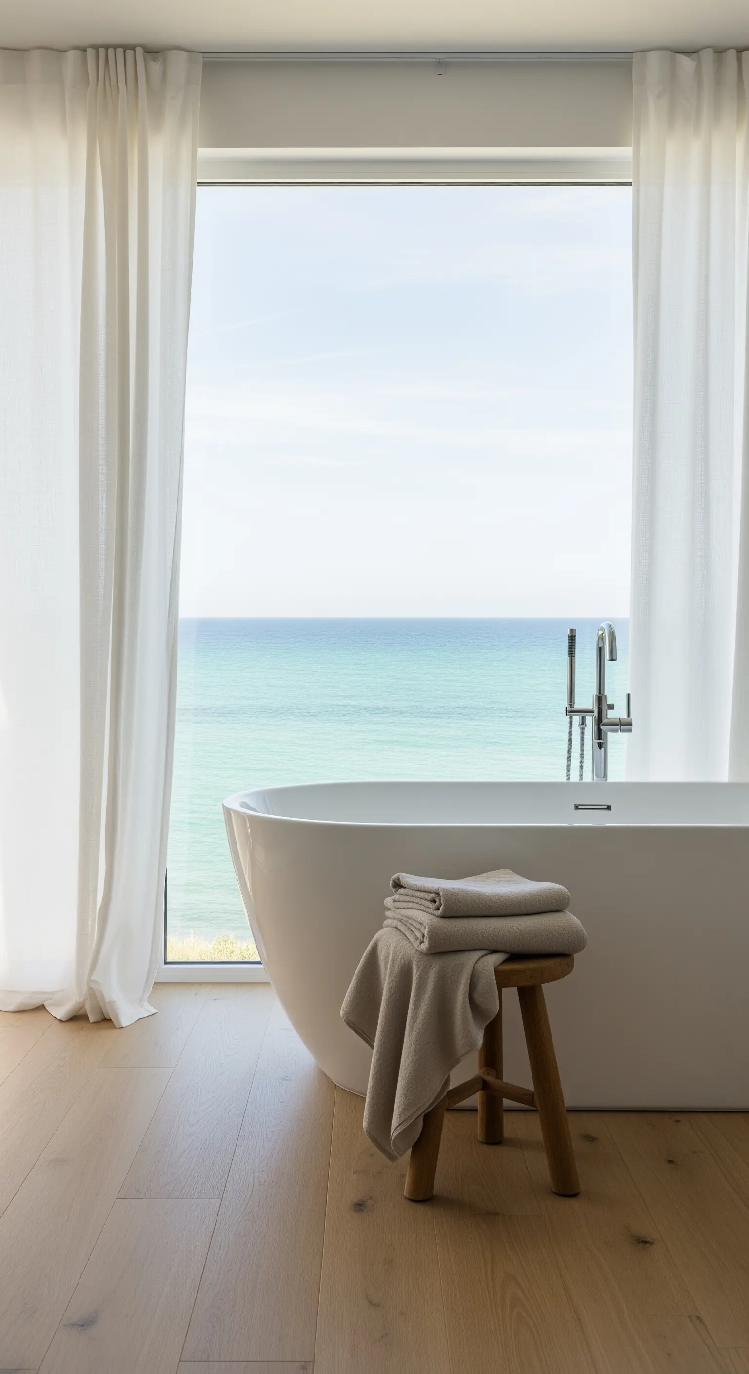 Vasca da bagno bianca freestanding davanti a una grande finestra con tende di lino e vista sul mare.