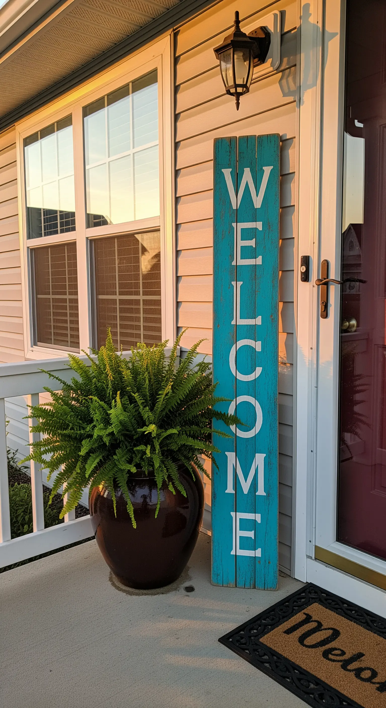 Insegna verticale in legno turchese con la scritta 