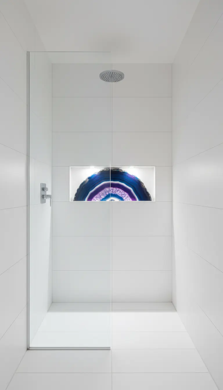 Doccia minimalista bianca con una nicchia orizzontale che espone una fetta di agata retroilluminata.
