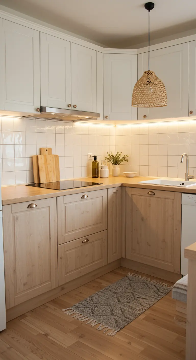 Angolo cucina con pensili bianchi, top in legno e illuminazione a LED sottopensile.