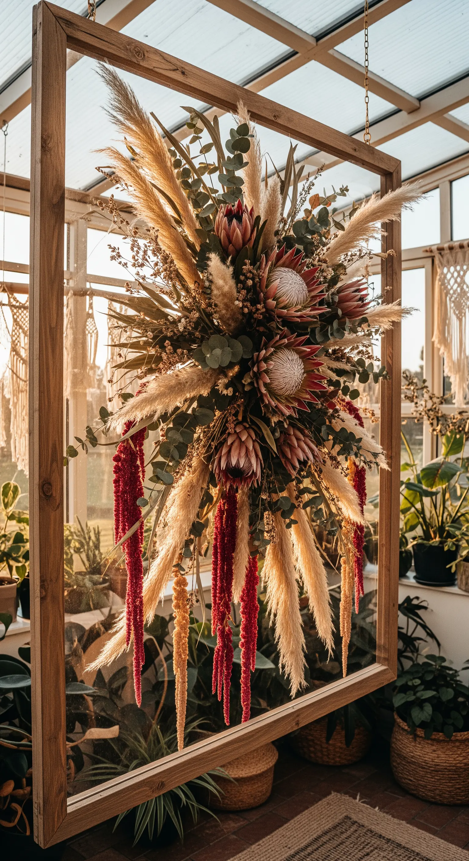 Grande cornice in legno con un'imponente composizione di pampas e protee.