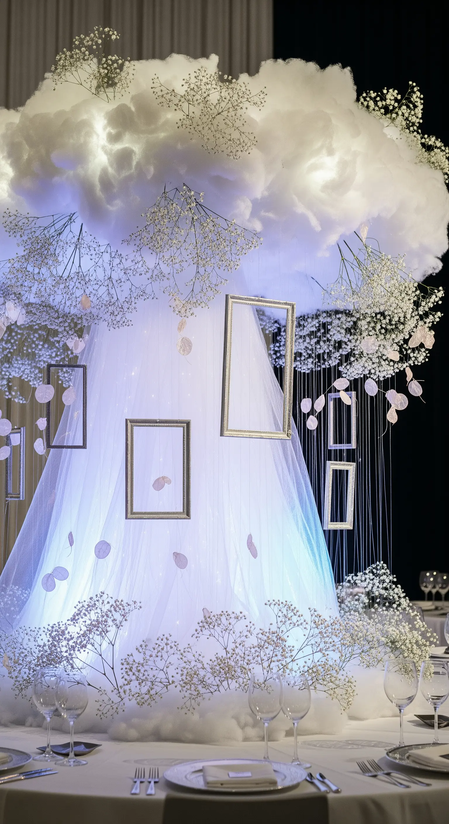Installazione artistica per matrimonio con una nuvola illuminata da cui pendono cornici e fiori.