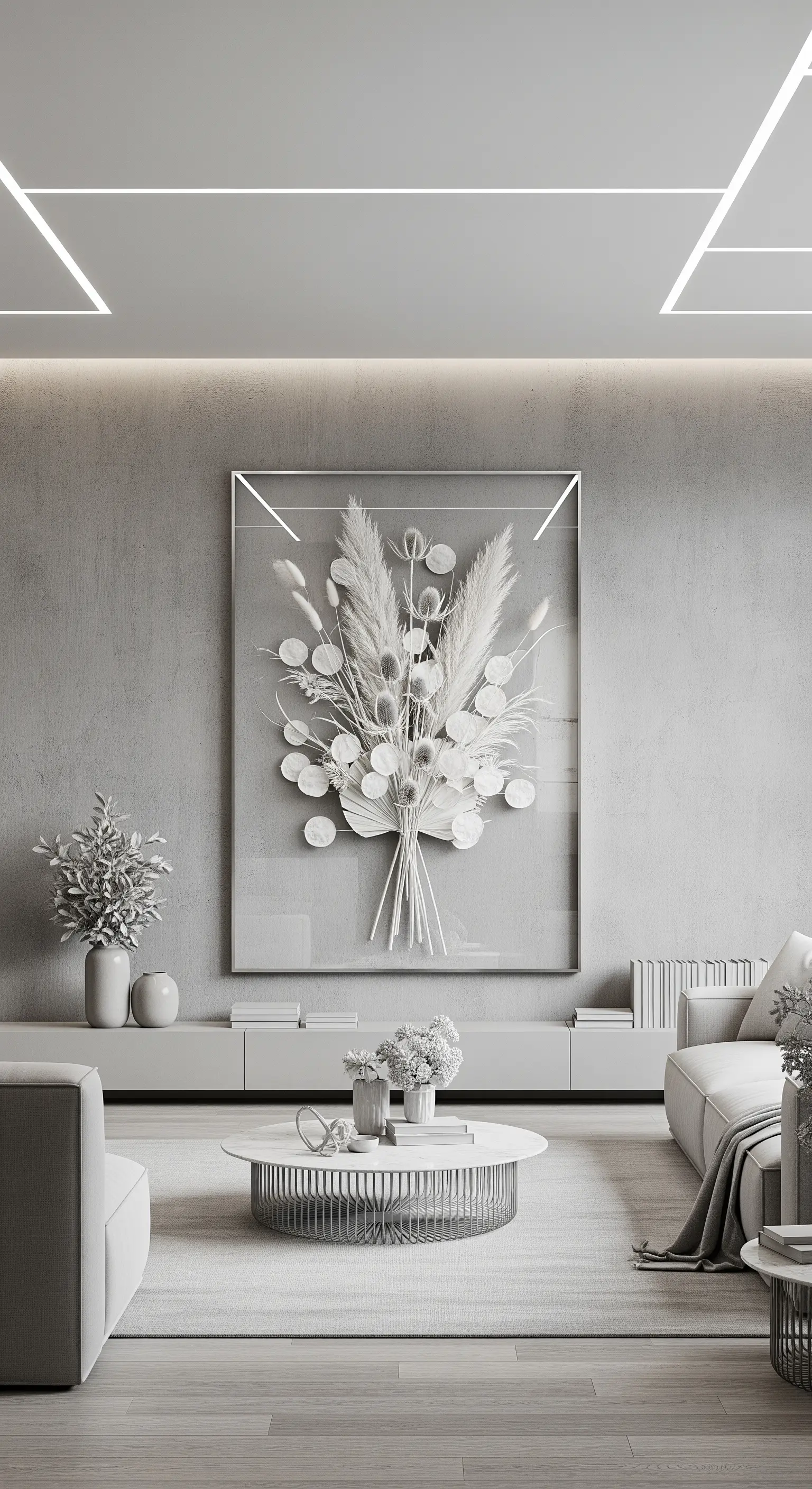 Grande quadro con bouquet di fiori secchi bianchi in un salotto minimalista.