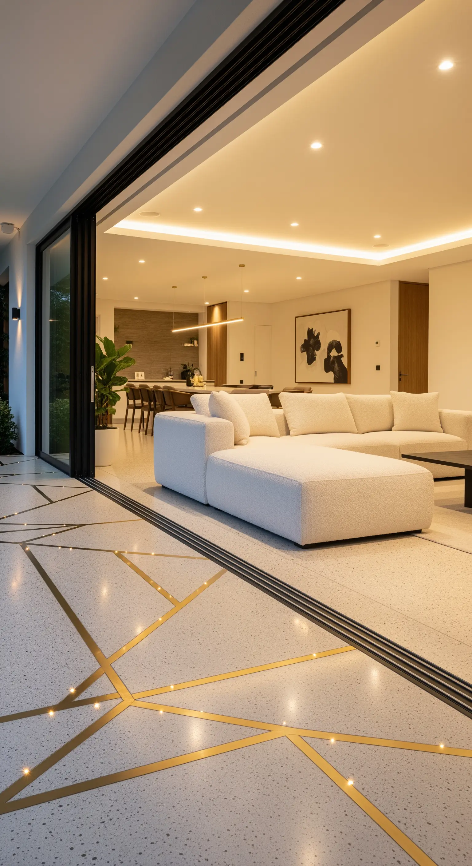 Pavimento in terrazzo con intarsi geometrici in ottone illuminati, che prosegue dall'interno all'esterno.