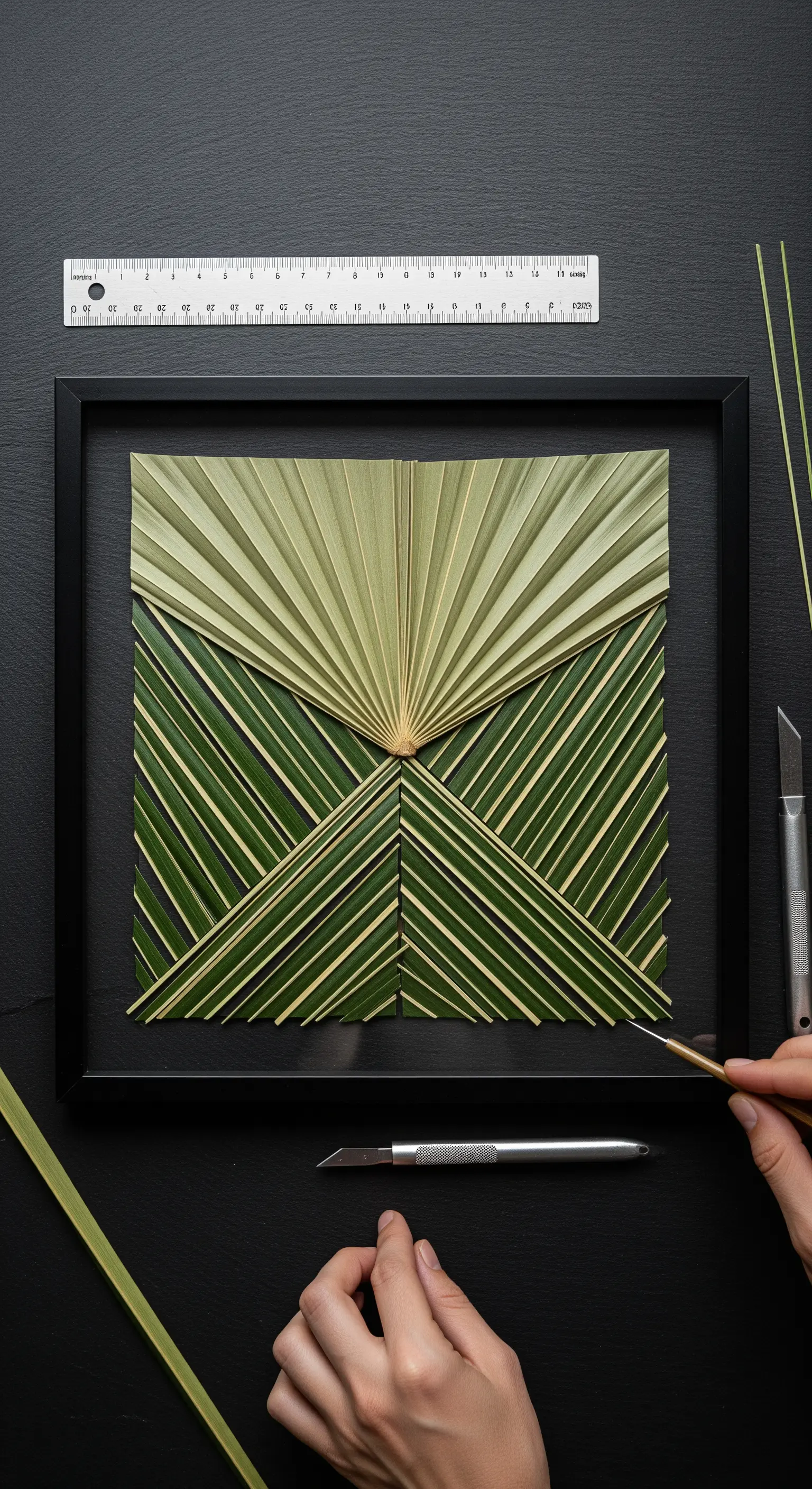Composizione geometrica realizzata con foglie di palma intagliate in una cornice nera.