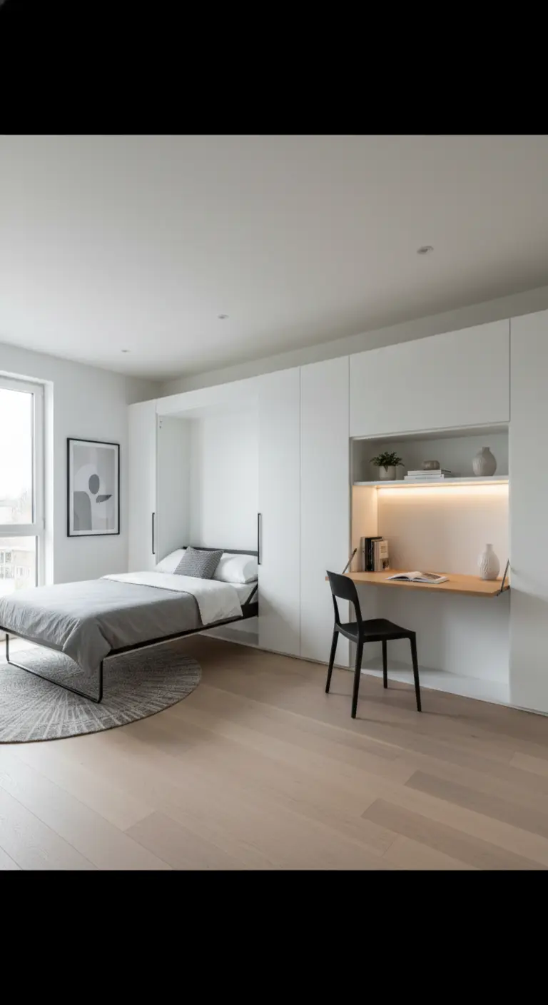 Monolocale moderno con letto a scomparsa aperto e scrivania integrata in un mobile a parete bianco.