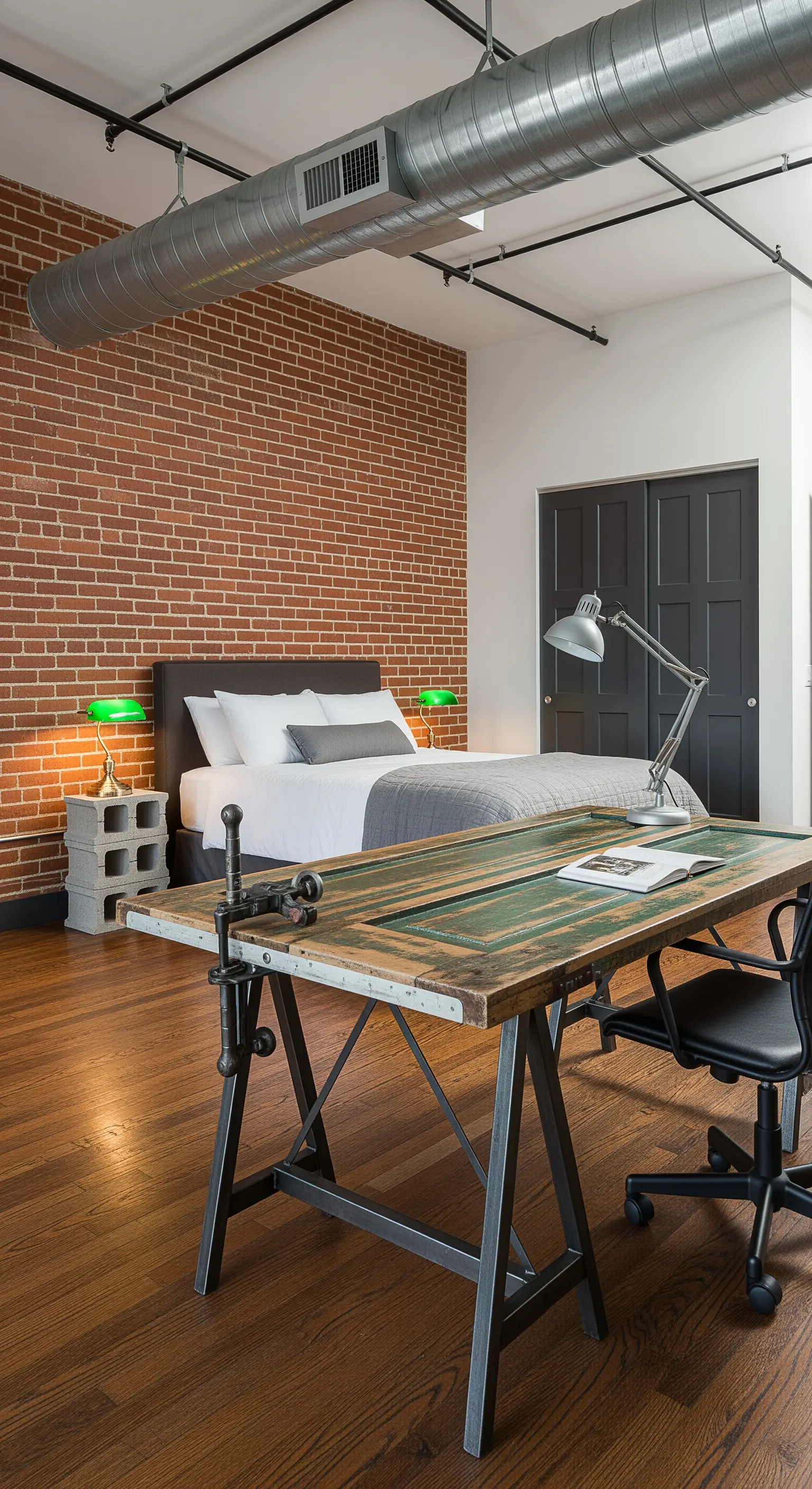 Camera da letto con parete di mattoni e comodini fatti con blocchi di cemento.