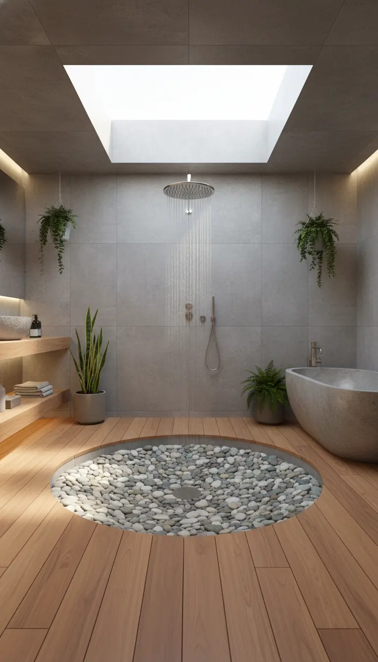 Doccia a filo pavimento con scarico circolare riempito di ciottoli, incassato in un pavimento in legno.