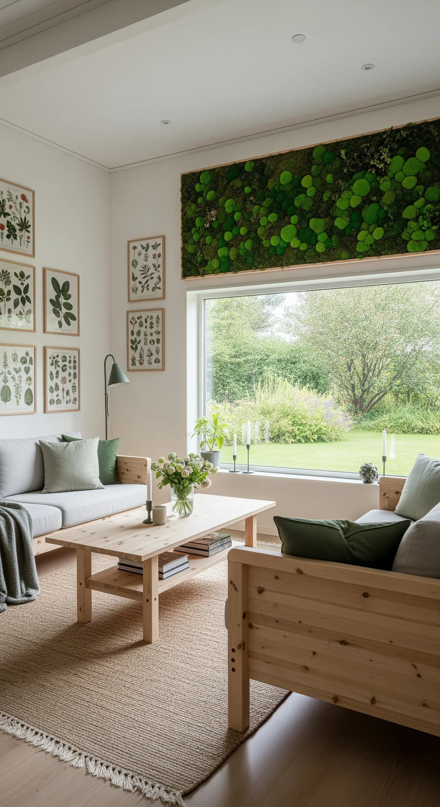Salotto con divani in pino, stampe botaniche e un grande pannello di muschio verde sopra la finestra.