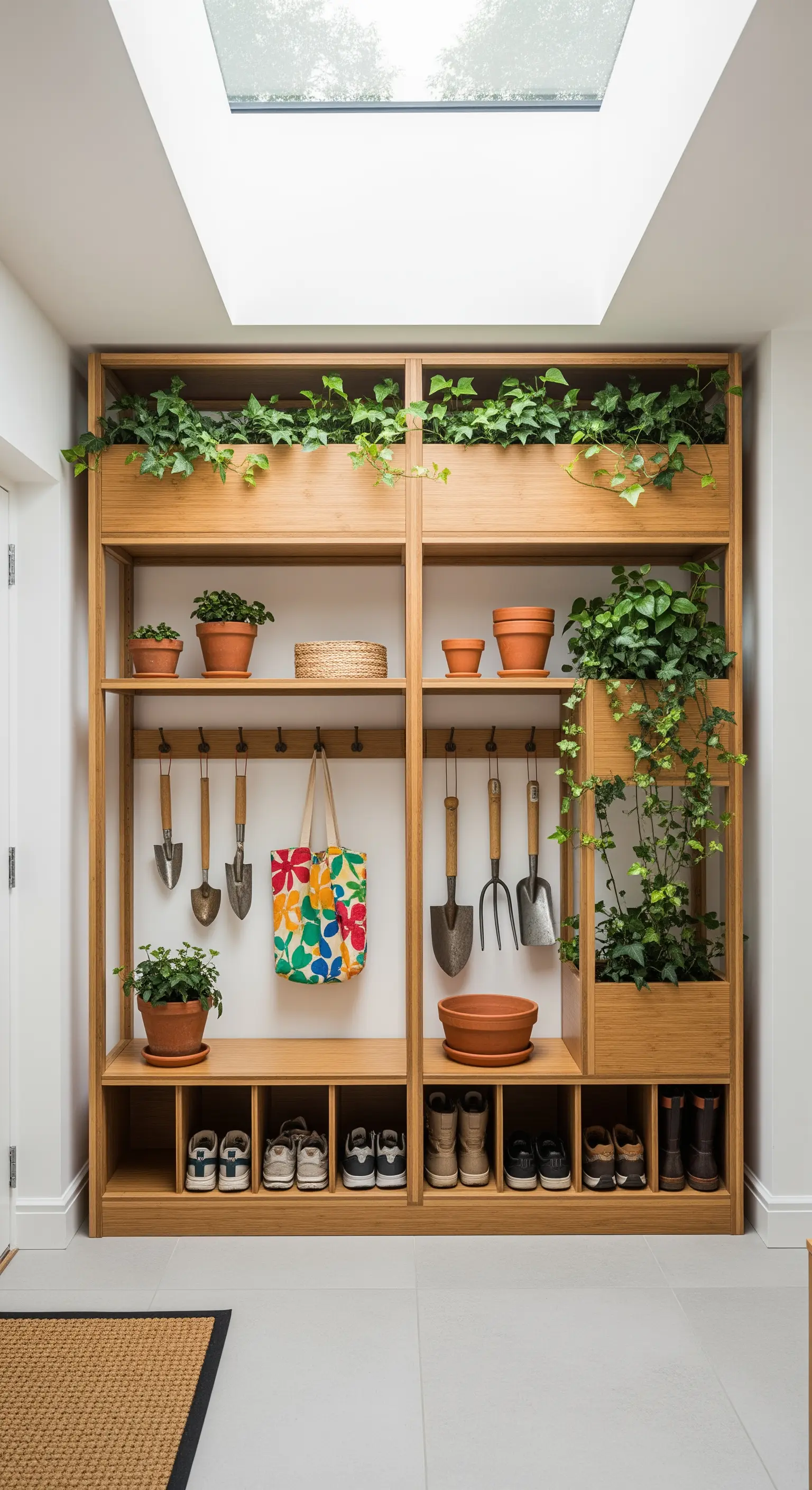 Libreria in legno di bambù con fioriere integrate e spazio per attrezzi da giardinaggio.