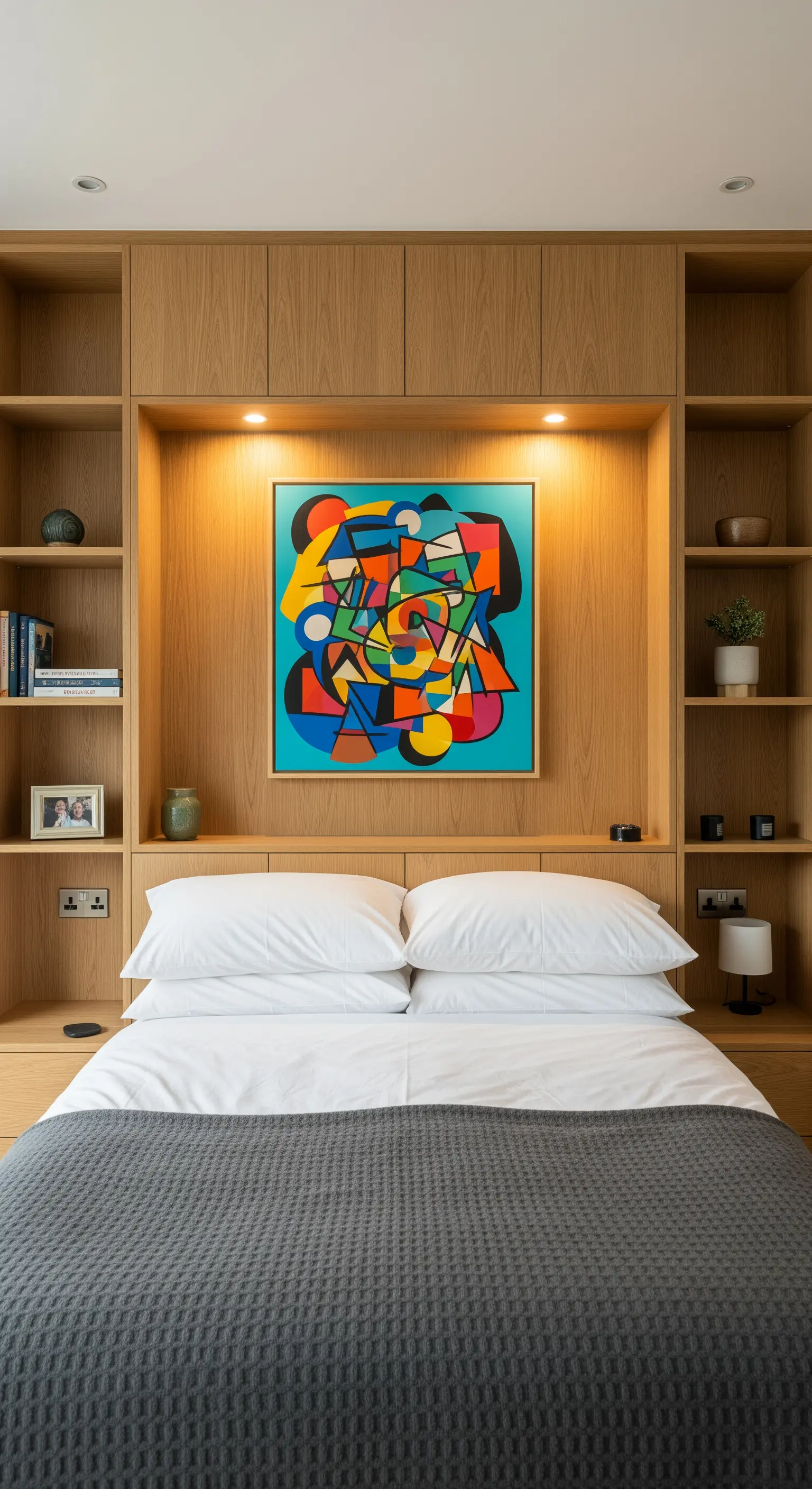 Quadro astratto cubista colorato inserito in una nicchia illuminata di una libreria in legno su misura.