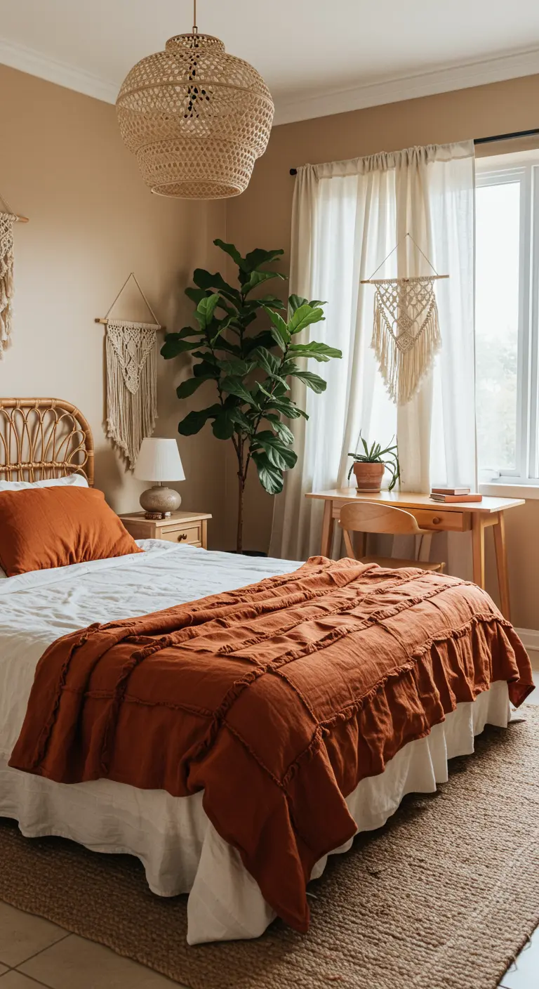 Angolo studio in stile boho con scrivania in legno chiaro, pianta e decorazioni in macramè.